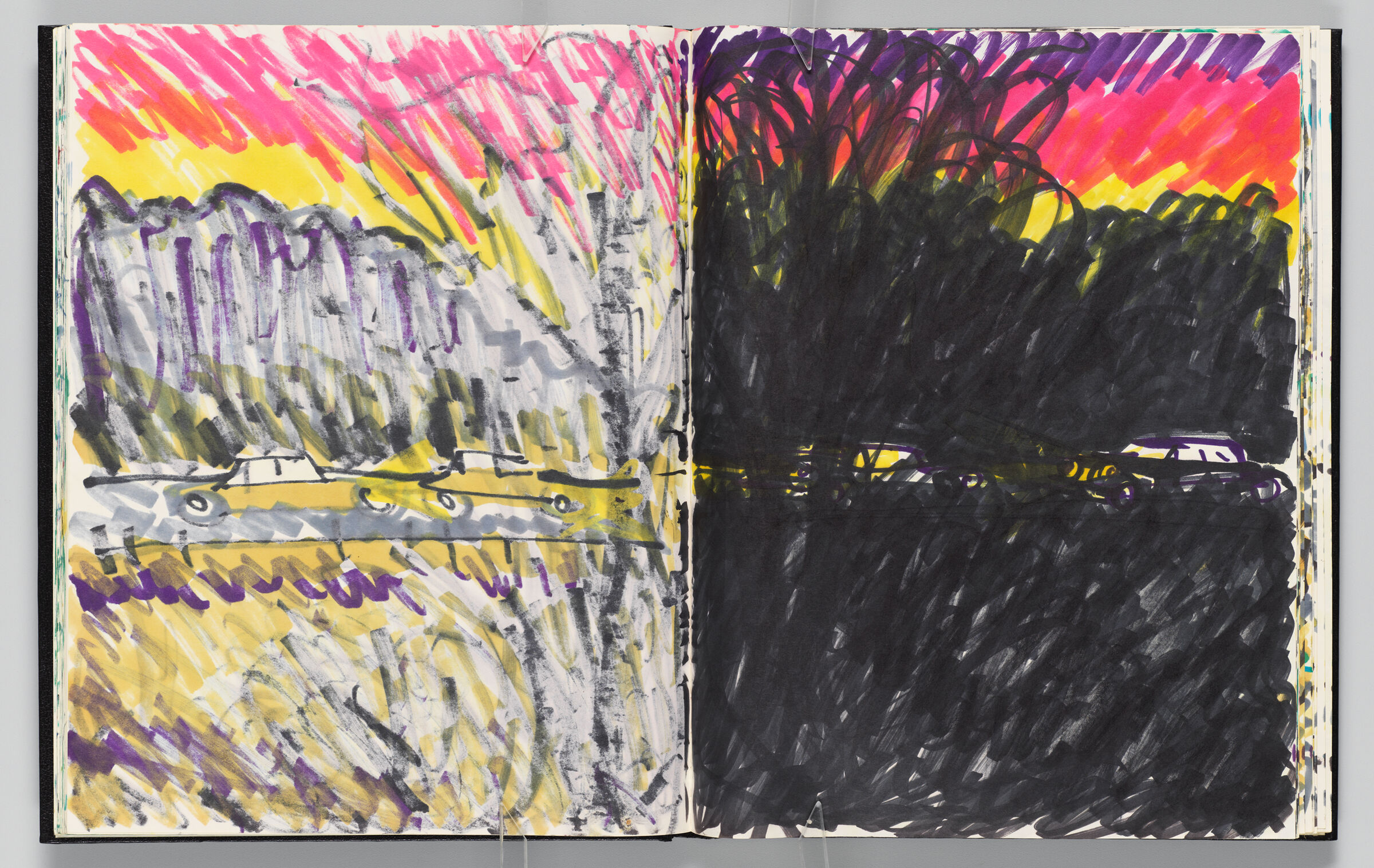 Untitled (Bleed-Through Of Previous Page, Left Page); Untitled (Cars Driving Through Landscape, Right Page)