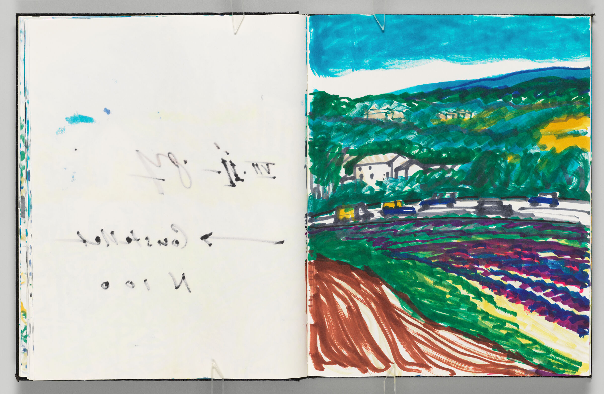 Untitled (Bleed-Through Of Previous Page With Color Transfer, Left Page); Untitled (View En Route To Coustellet, Right Page)