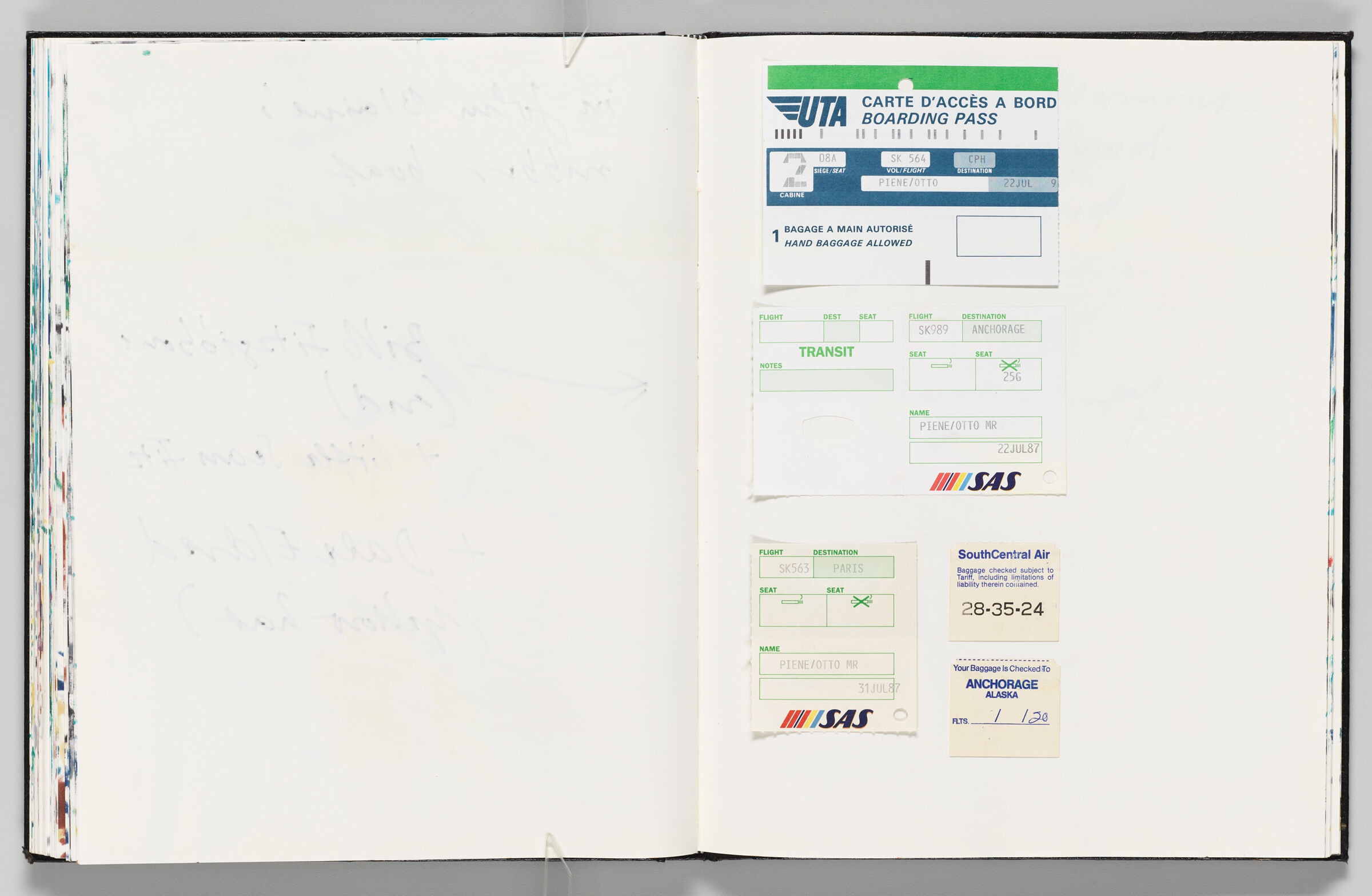 Untitled (Bleed-Through Of Previous Page, Left Page); Untitled (Adhered Travel Documents, Right Page)