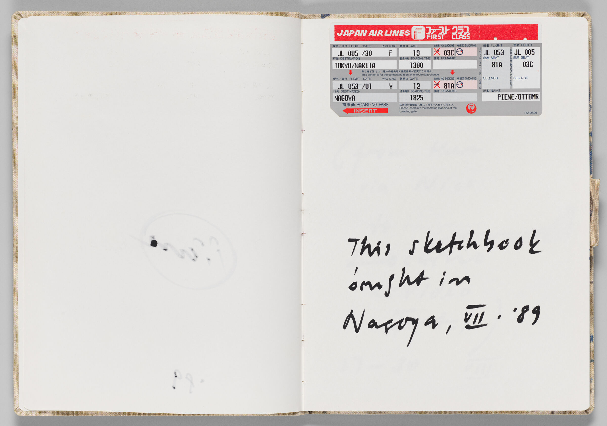 Untitled (Bleed-Through Of Previous Page, Left Page); Untitled (Note And Adhered First Class Japan Air Lines Boarding Pass, Right Page)