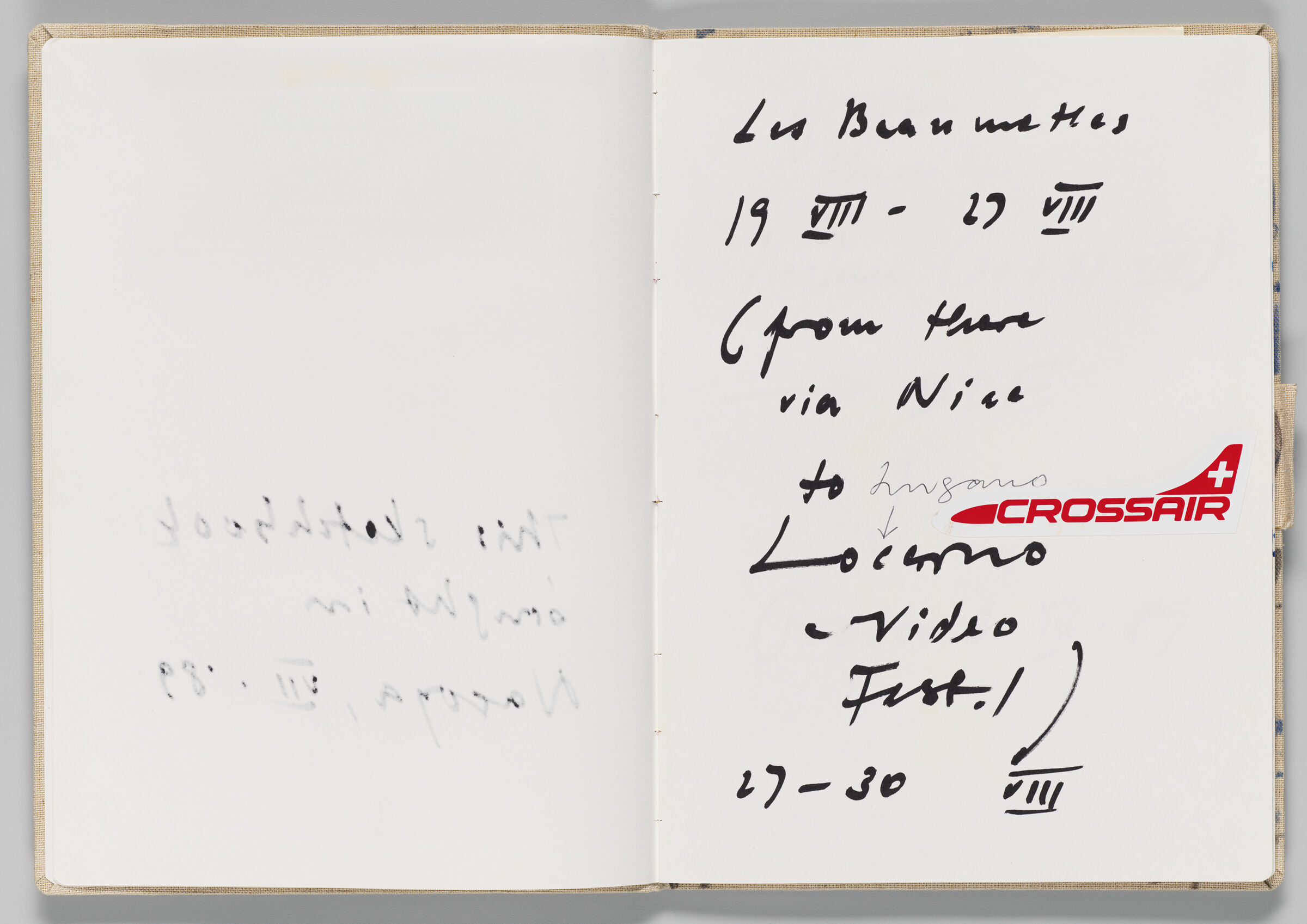 Untitled (Bleed-Through Of Previous Page, Left Page); Untitled (Note On Travel Itinerary And Crossair Sticker, Right Page)