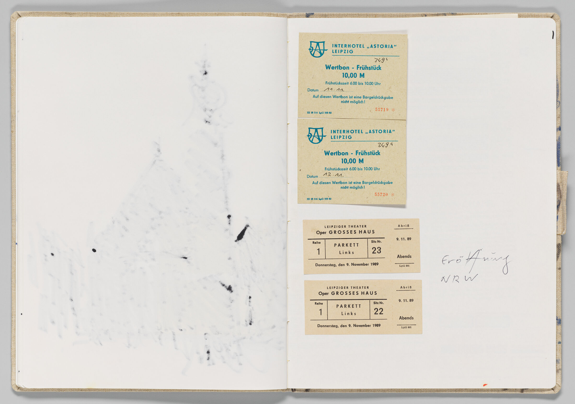 Untitled (Bleed-Through Of Previous Page, Left Page); Untitled (Note With Adhered Hotel Breakfast Vouchers And Leipzig Opera Tickets, Right Page)