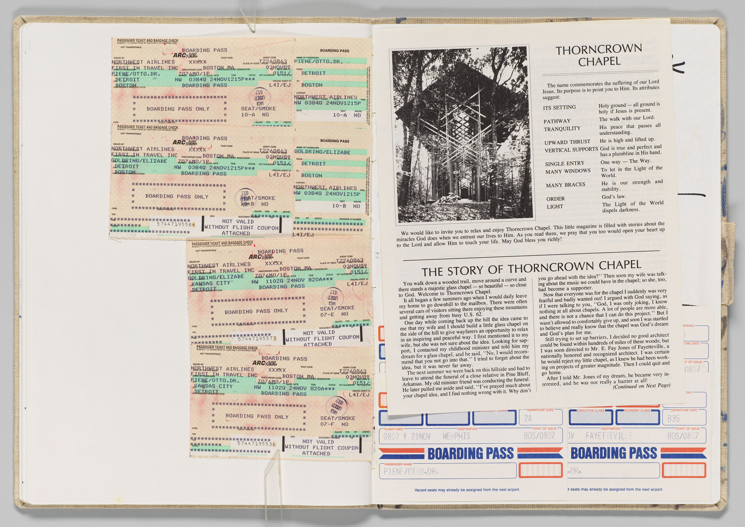 Untitled (Bleed-Through Of Previous Page, Left Page); Untitled (Notes With Adhered Northwest Airlines Boarding Passes And Thorncrown Pamplet, Right Page)