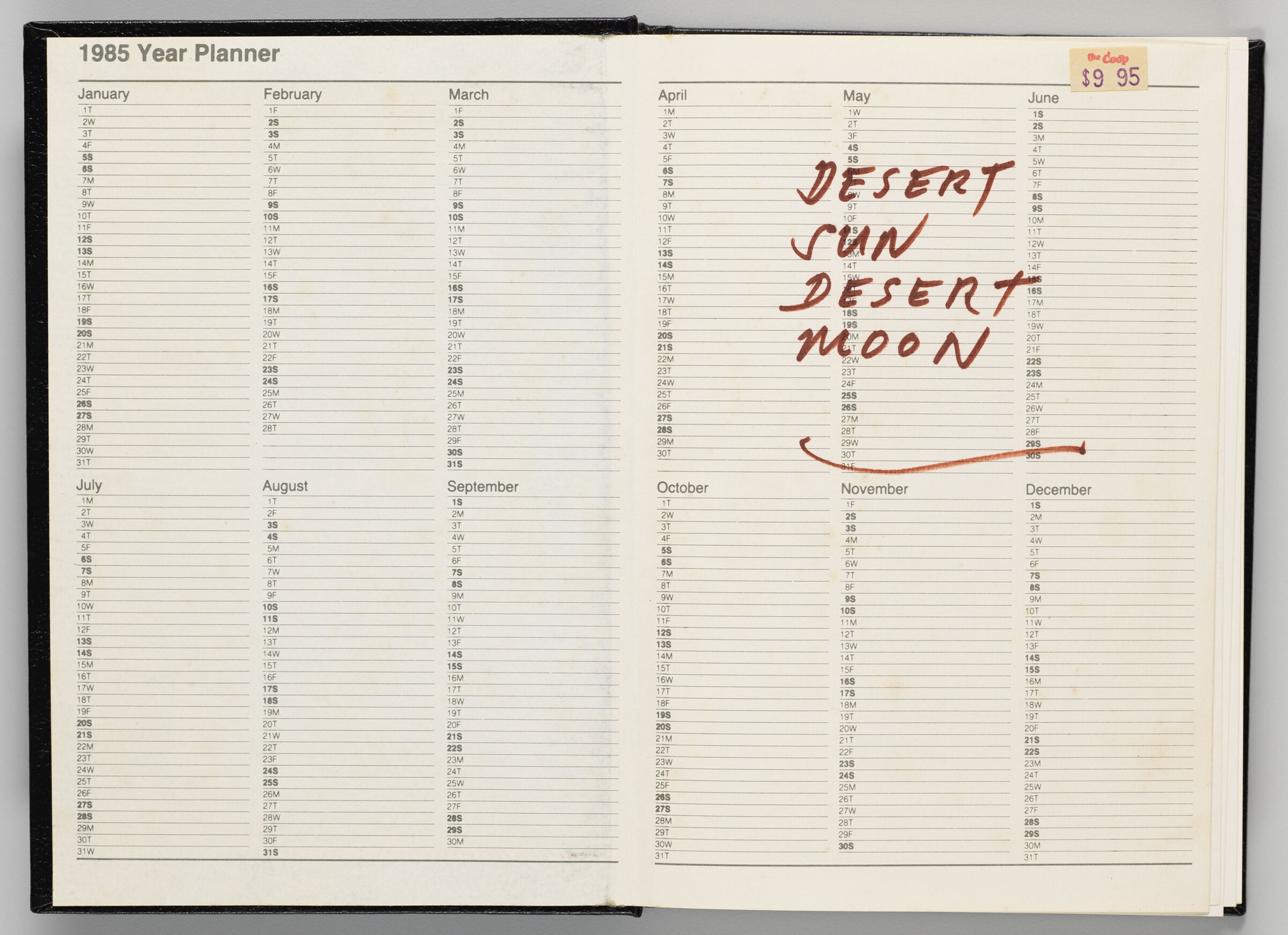 Untitled (Front Endpaper, 1985 Year Planner, Left Page); Untitled (Notes, Right Page)