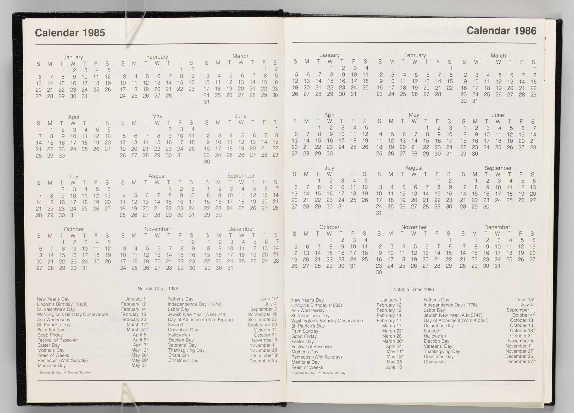Untitled (Calendar 1985, Left Page); Untitled (Calendar 1986, Right Page)
