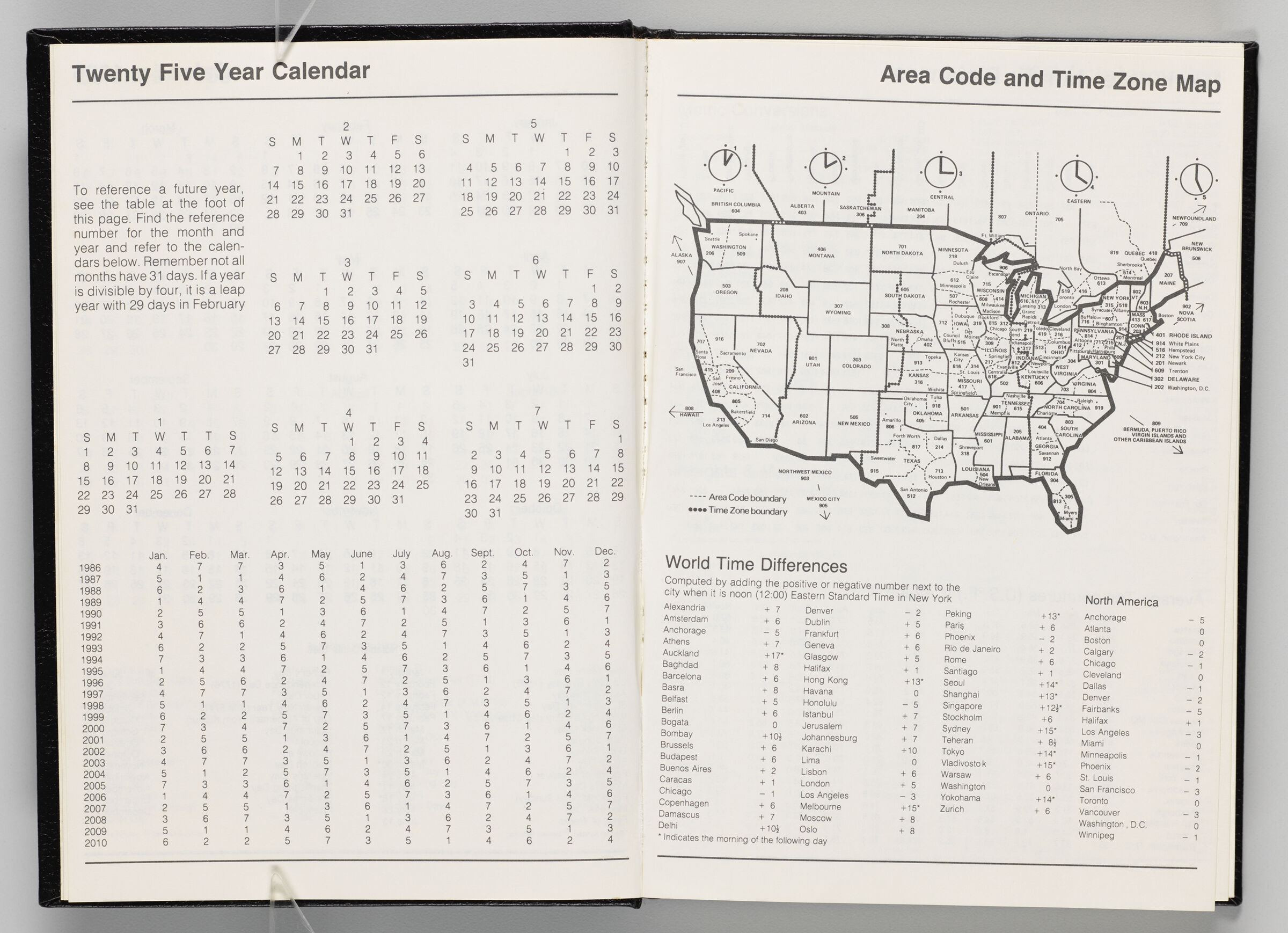 Untitled (25 Year Calendar, Left Page); Untitled (Area Code And Time Zone Map, Right Page)