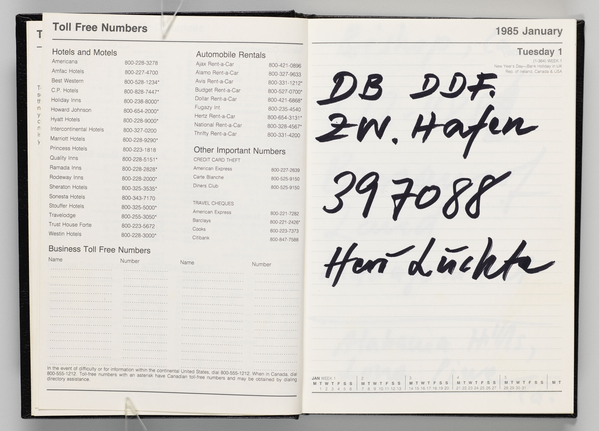 Untitled (Toll Free Numbers, Left Page); Untitled (Notes On Calendar Page January 1, 1985, Right Page)