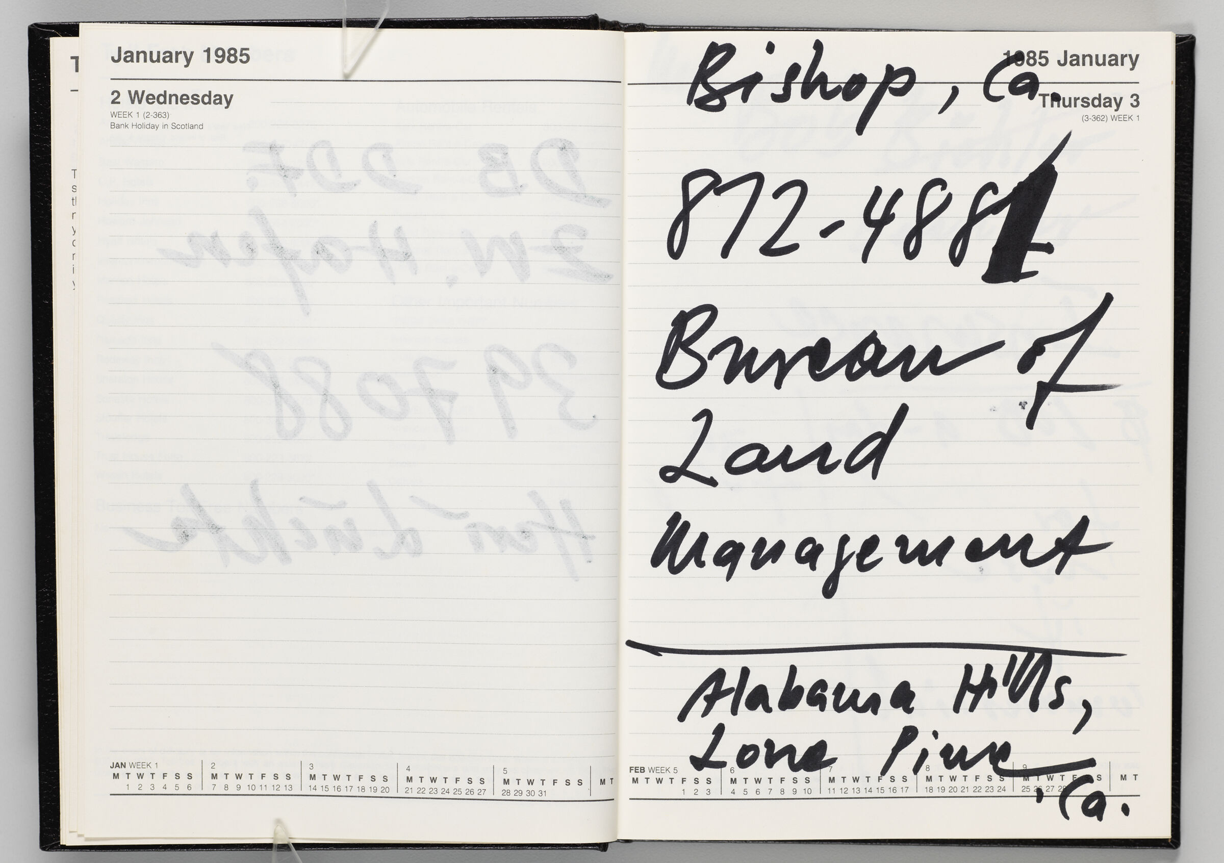 Untitled (Bleed-Through Of Previous Page, Left Page); Untitled (Notes On Calendar Page January 3, 1985, Right Page)