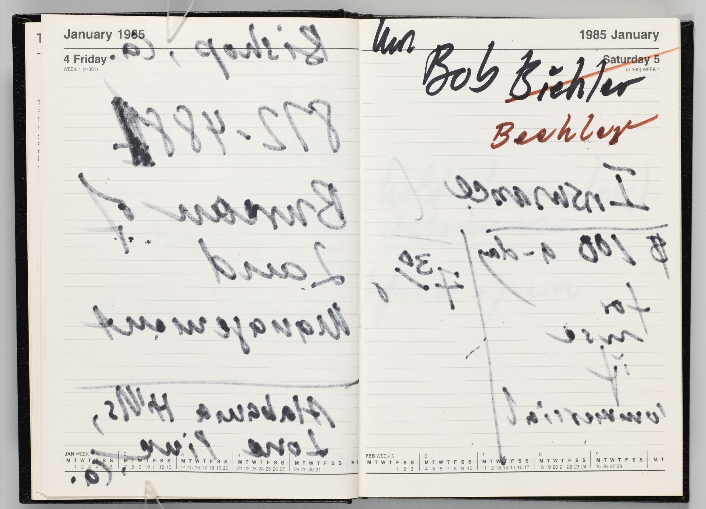Untitled (Bleed-Through Of Previous Page, Left Page); Untitled (Notes On Calendar Page January 5, 1985, Right Page)
