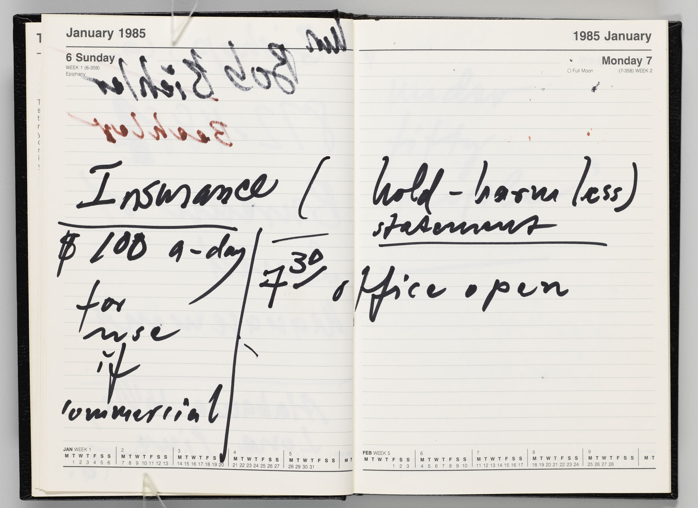 Untitled (Notes And Bleed-Through Of Previous Page On Calendar Pages January 6 And 7, 1985, Two-Page Spread)