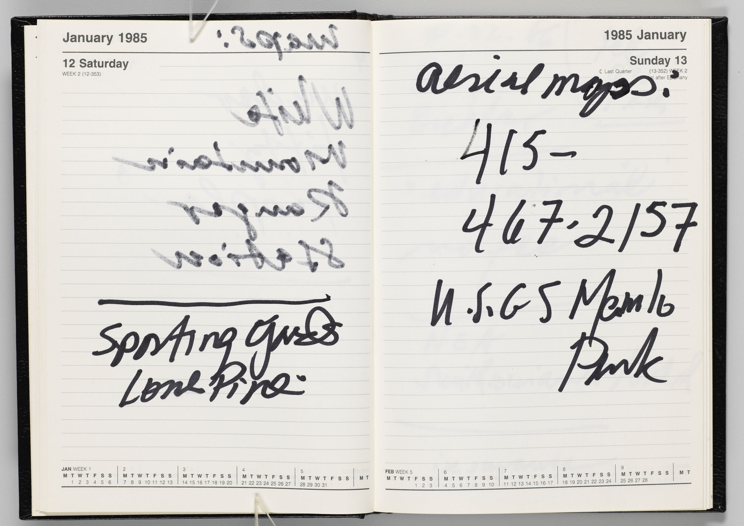 Untitled (Notes And Bleed-Through On Calendar Page January 12, 1985 Left Page); Untitled (Notes On Calendar Page January 13, 1985, Right Page)