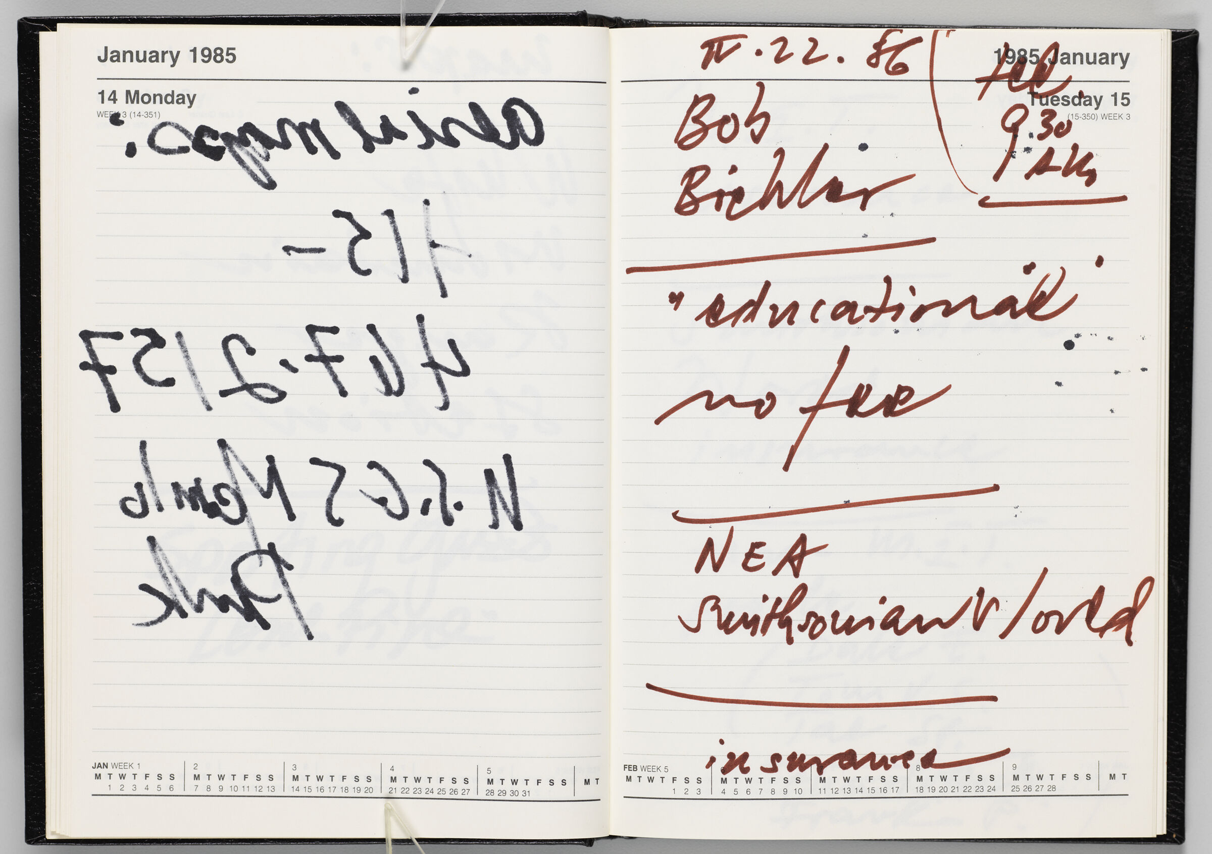 Untitled (Bleed-Through Of Previous Page, Left Page); Untitled (Notes On Calendar Page January 15, 1985, Right Page)