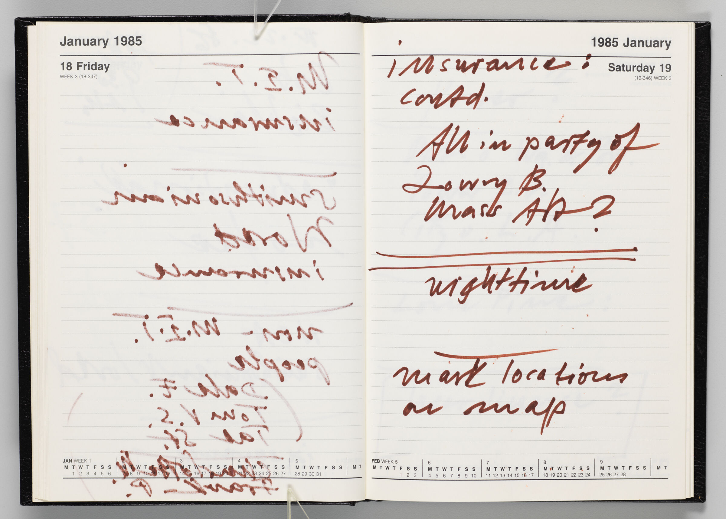Untitled (Bleed-Through Of Previous Page, Left Page); Untitled (Notes On Calendar Page January 19, 1985, Right Page)