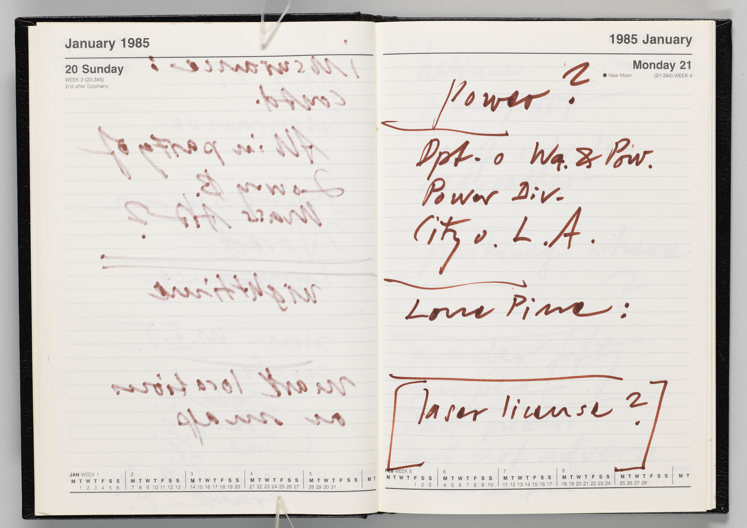 Untitled (Bleed-Through Of Previous Page, Left Page); Untitled (Notes On Calendar Page January 21, 1985, Right Page)