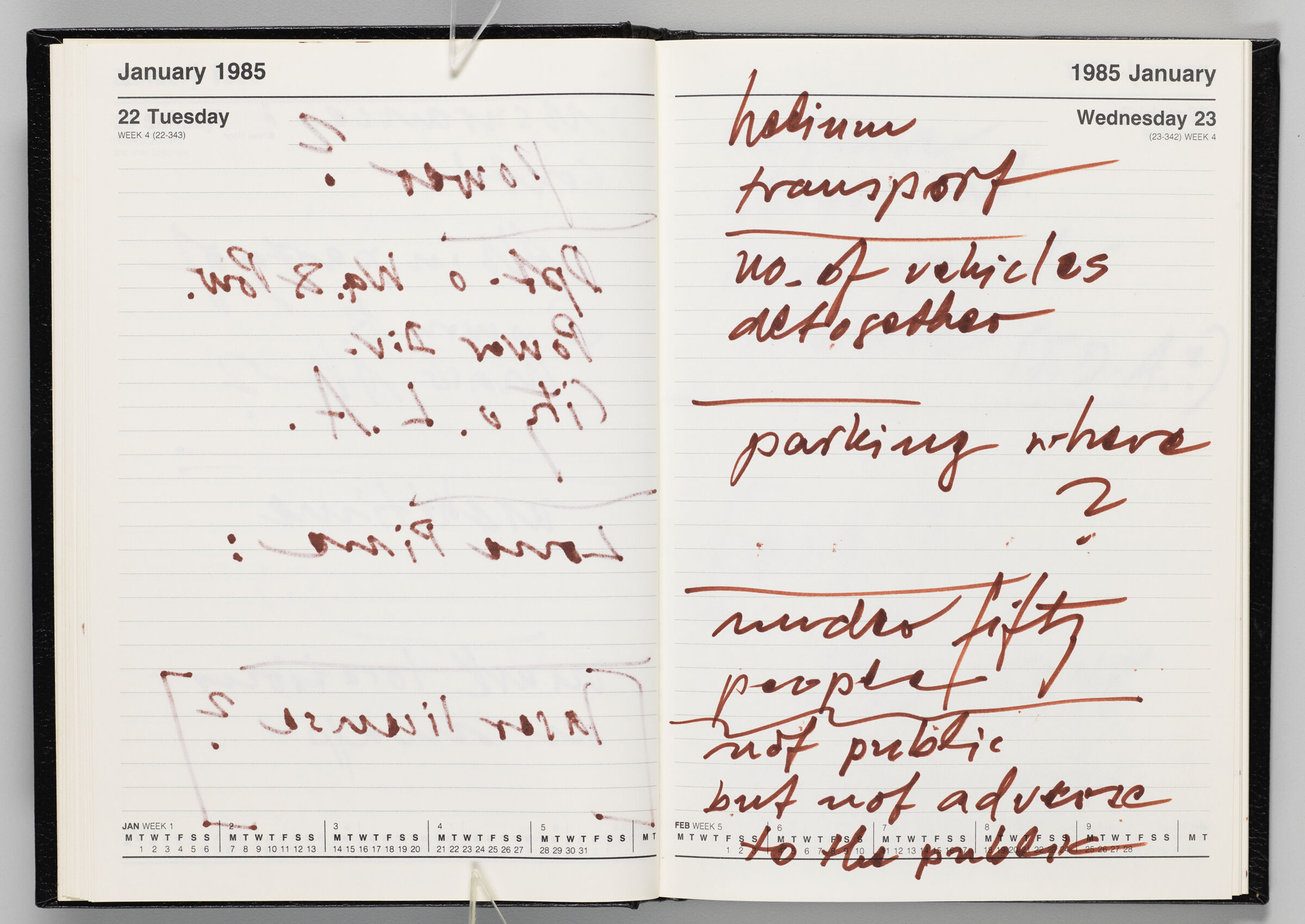 Untitled (Bleed-Through Of Previous Page, Left Page); Untitled (Notes On Calendar Page January 23, 1985, Right Page)