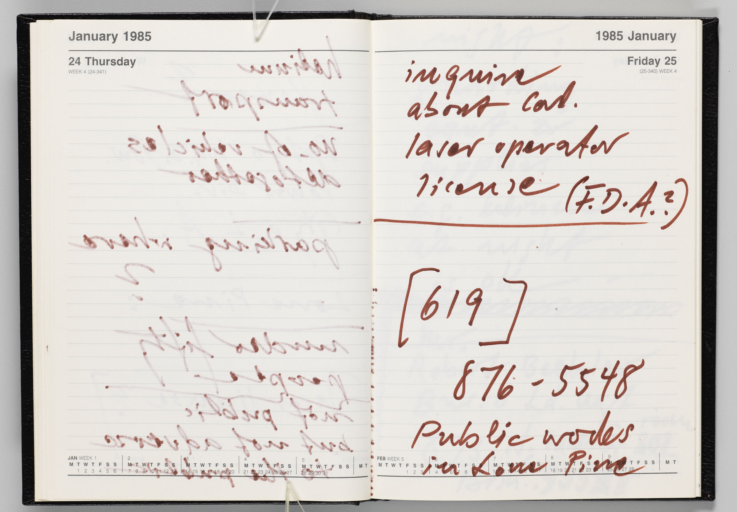 Untitled (Bleed-Through Of Previous Page, Left Page); Untitled (Notes On Calendar Page January 25, 1985, Right Page)