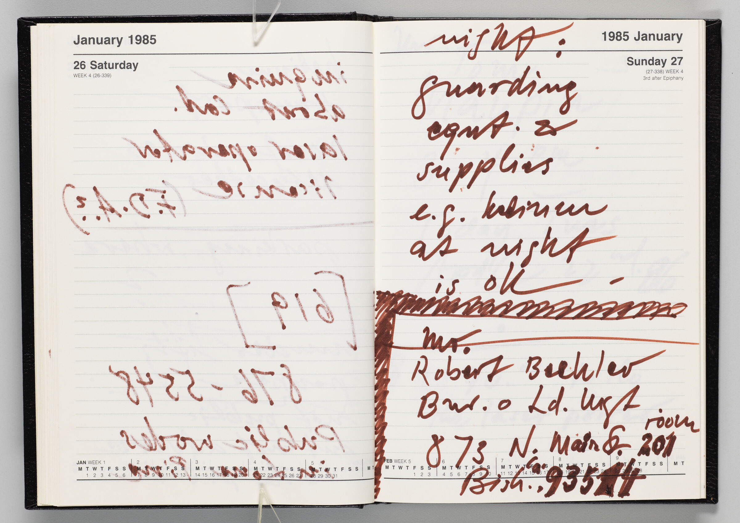 Untitled (Bleed-Through Of Previous Page, Left Page); Untitled (Notes On Calendar Page January 27, 1985, Right Page)