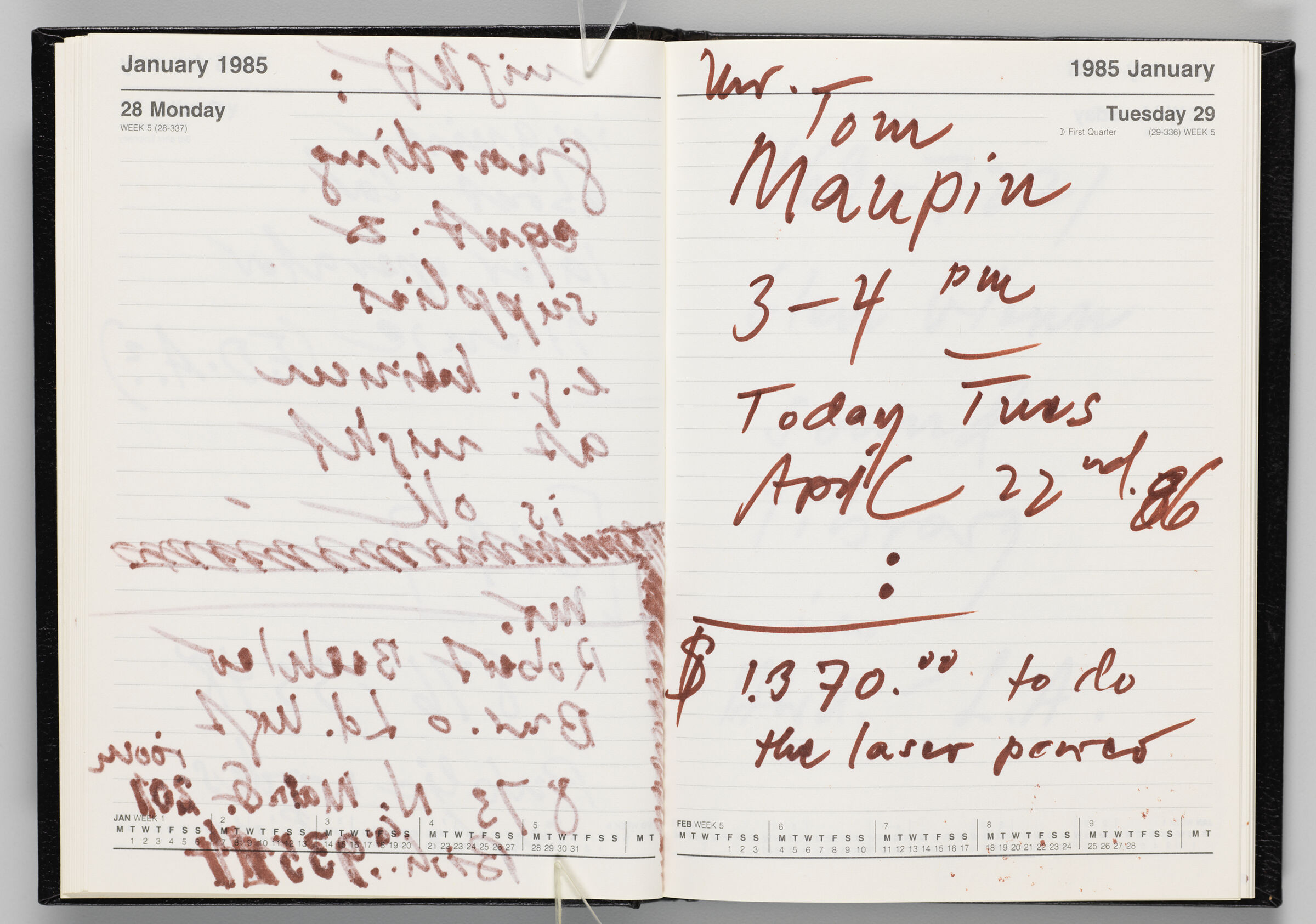 Untitled (Bleed-Through Of Previous Page, Left Page); Untitled (Notes On Calendar Page January 29, 1985, Right Page)