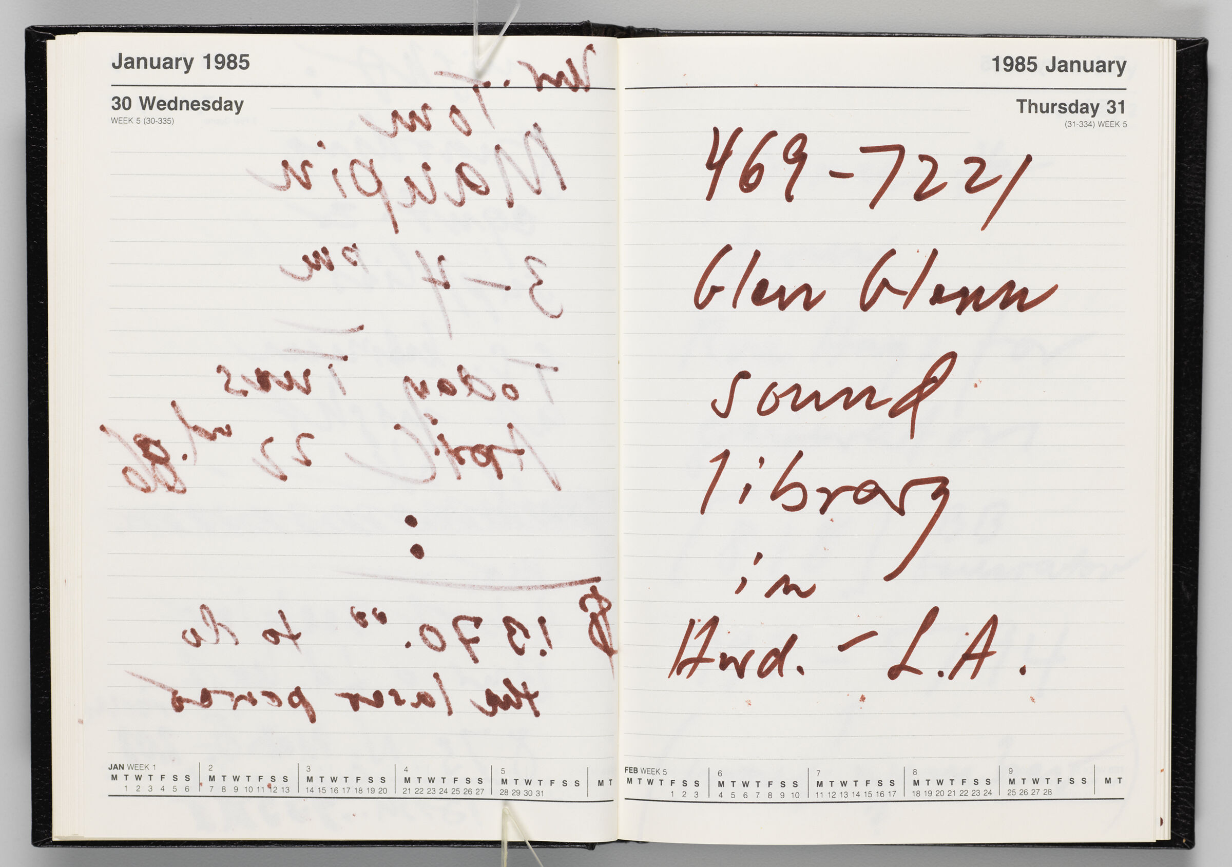 Untitled (Bleed-Through Of Previous Page, Left Page); Untitled (Notes On Calendar Page January 31, 1985, Right Page)
