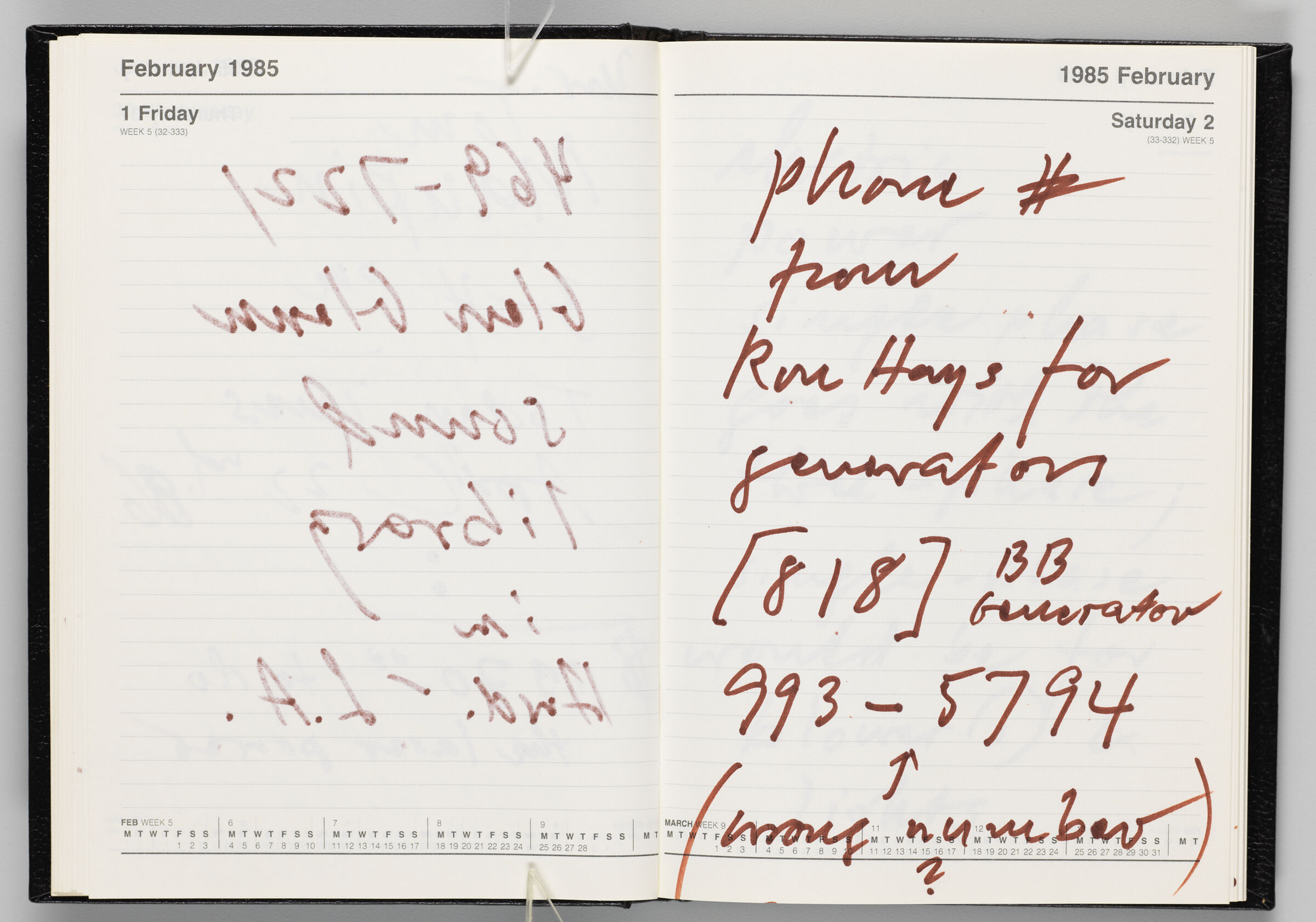 Untitled (Bleed-Through Of Previous Page, Left Page); Untitled (Notes On Calendar Page February 2, 1985, Right Page)