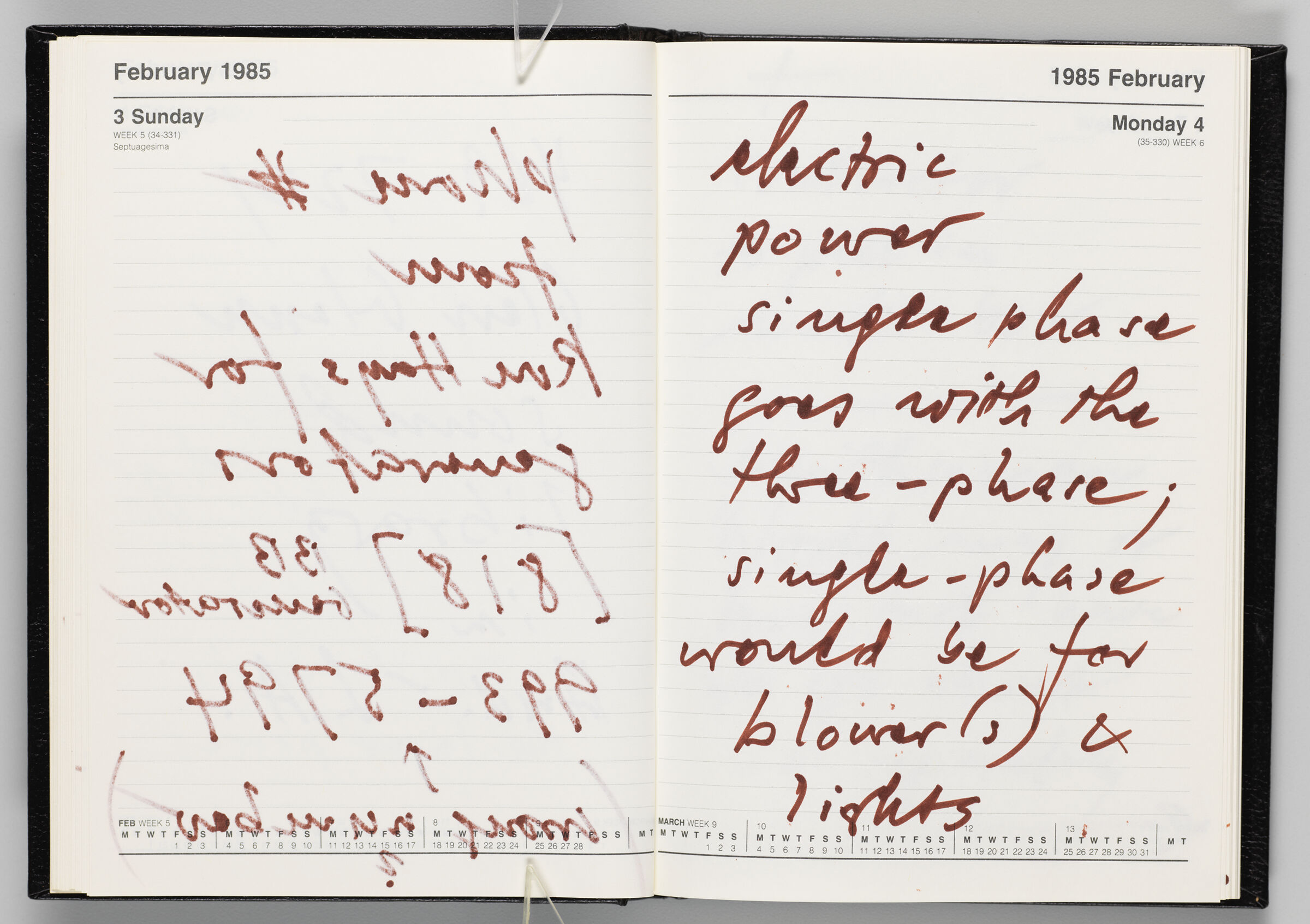Untitled (Bleed-Through Of Previous Page, Left Page); Untitled (Notes On Calendar Page February 4, 1985, Right Page)
