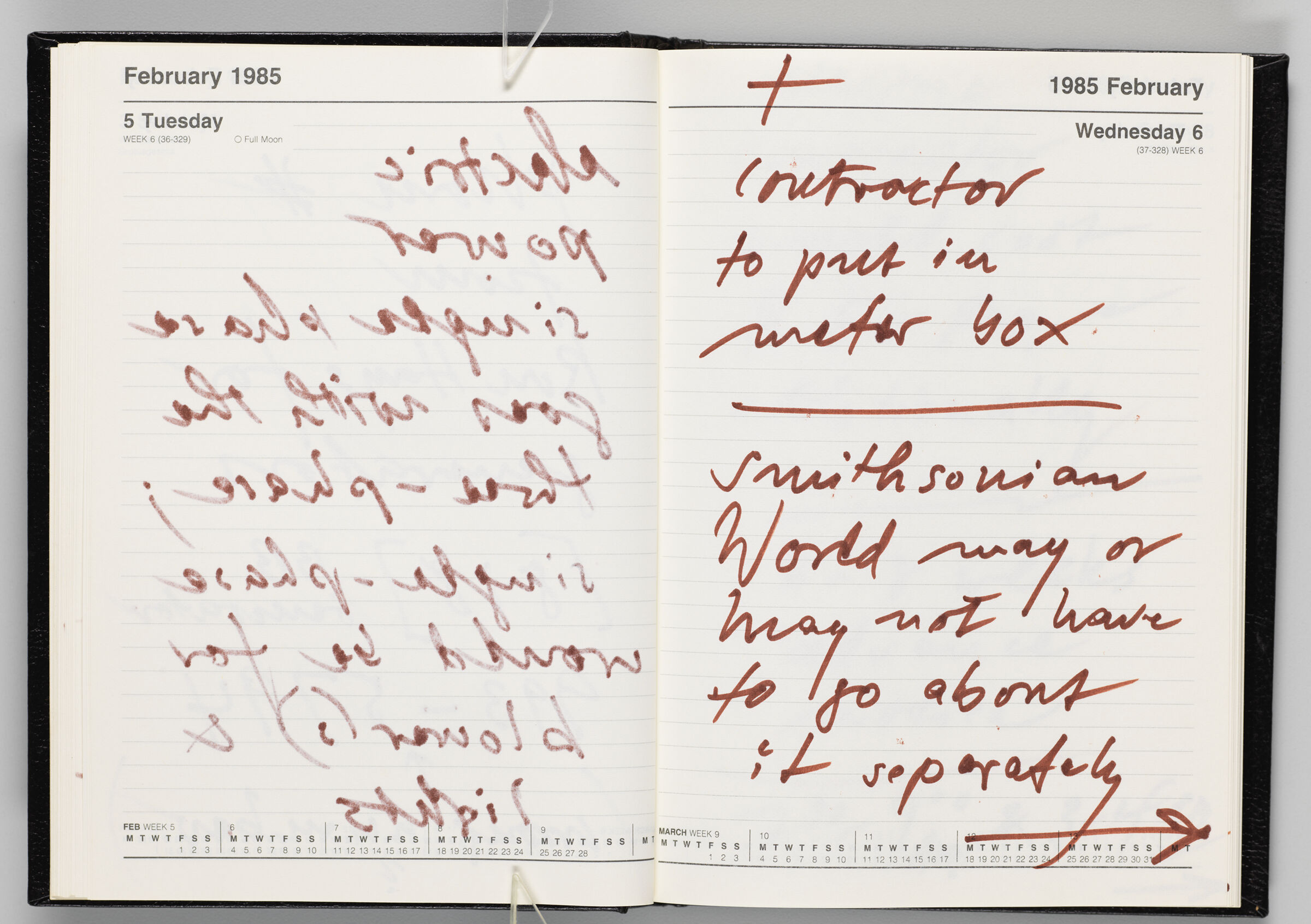 Untitled (Bleed-Through Of Previous Page, Left Page); Untitled (Notes On Calendar Page February 6, 1985, Right Page)