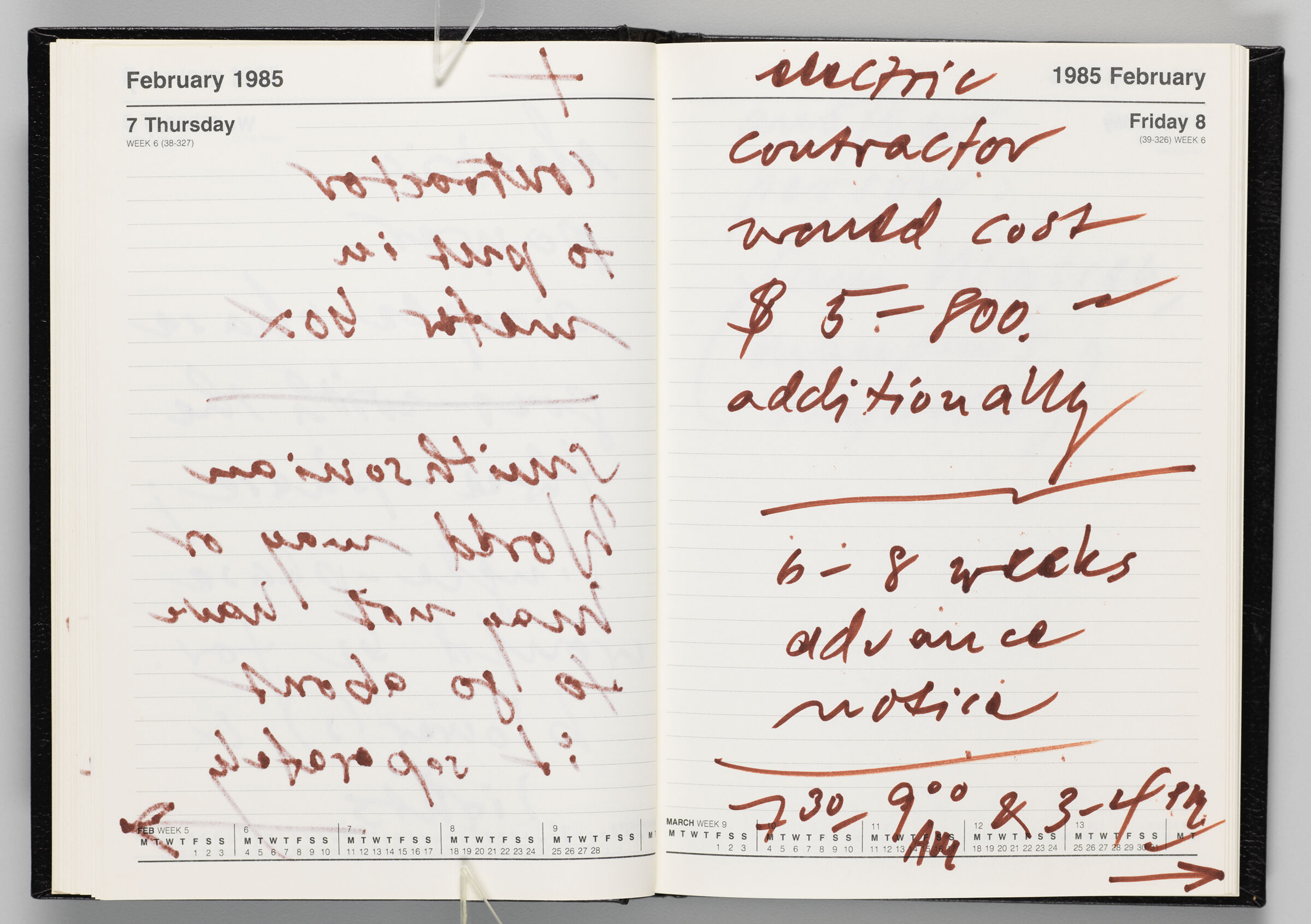 Untitled (Bleed-Through Of Previous Page, Left Page); Untitled (Notes On Calendar Page February 8, 1985, Right Page)