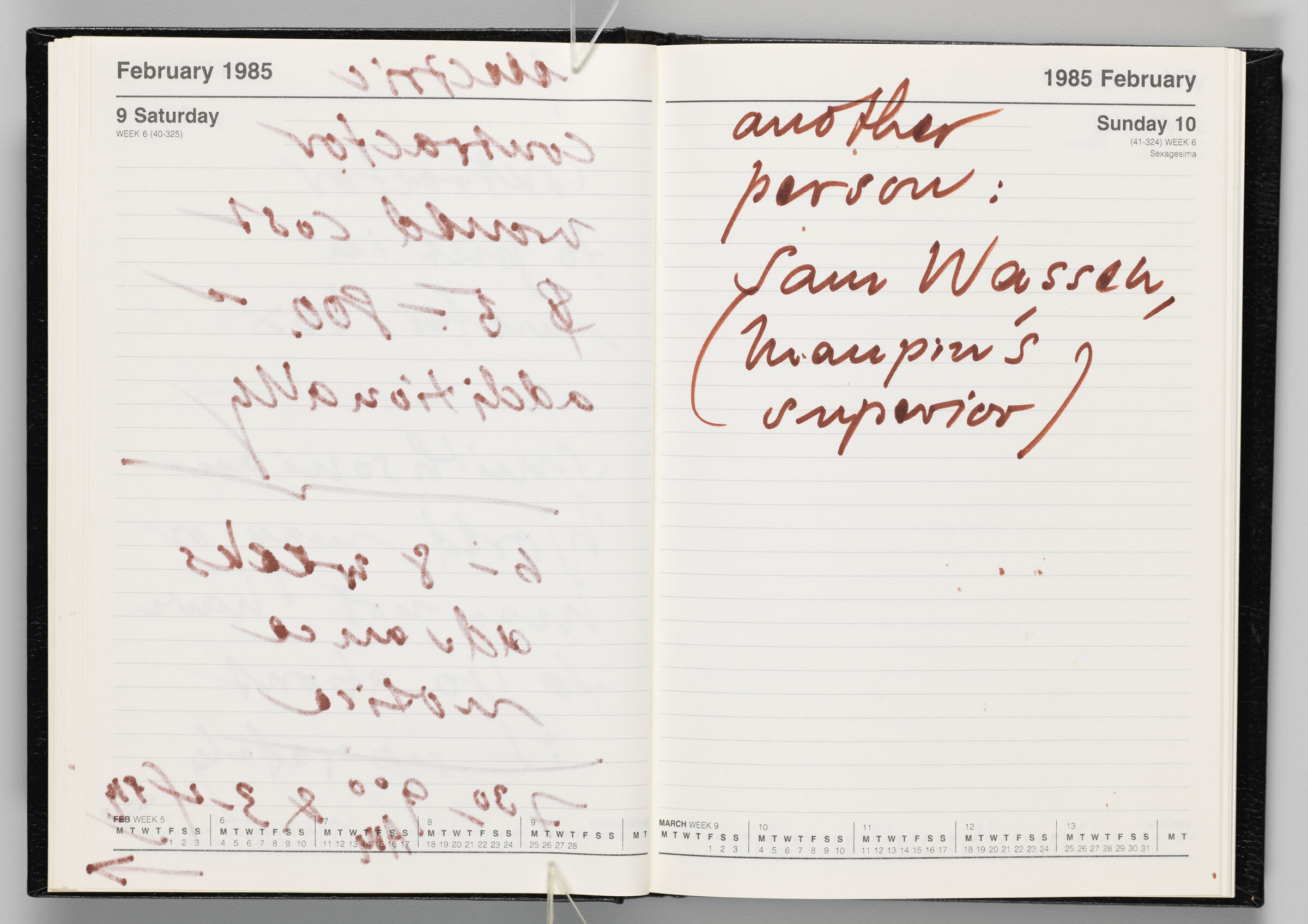 Untitled (Bleed-Through Of Previous Page, Left Page); Untitled (Notes On Calendar Page February 10, 1985, Right Page)