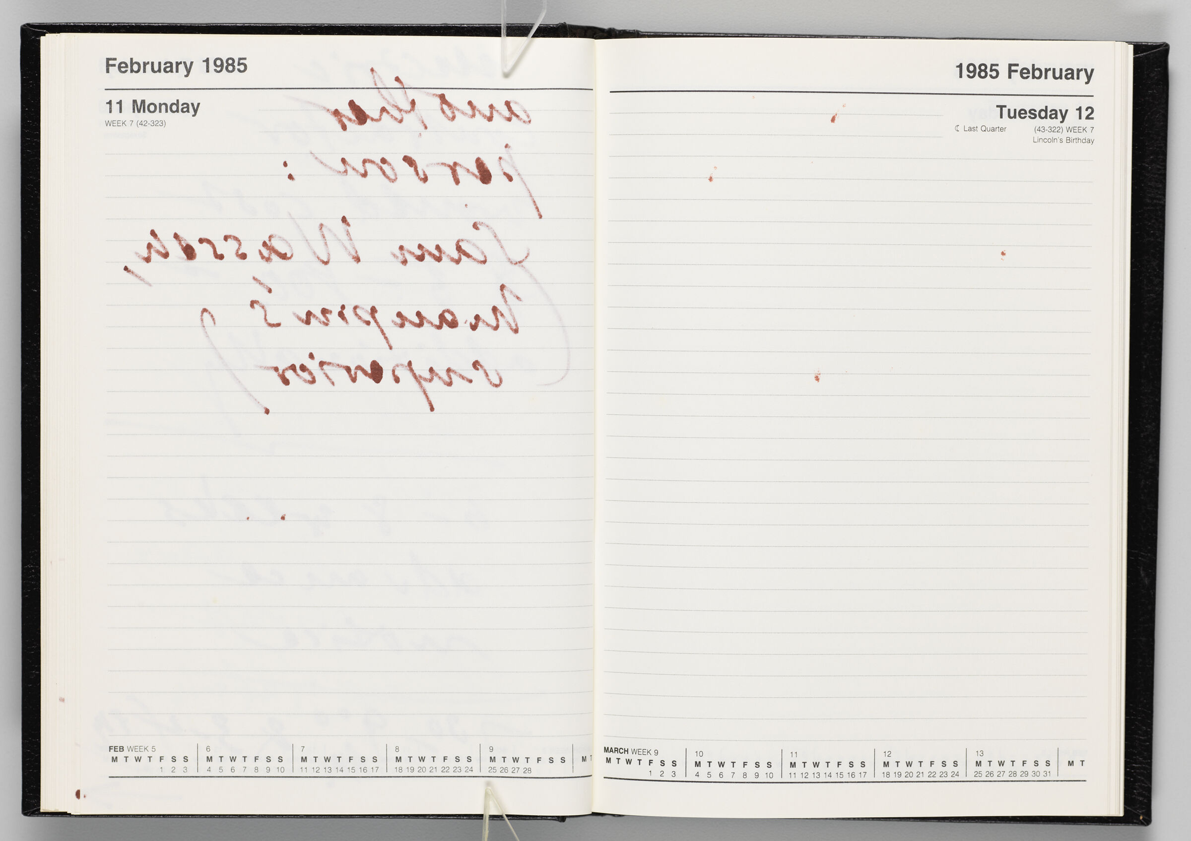 Untitled (Bleed-Through Of Previous Page, Left Page); Untitled (Blank Calendar Page February 12, 1985, Right Page)