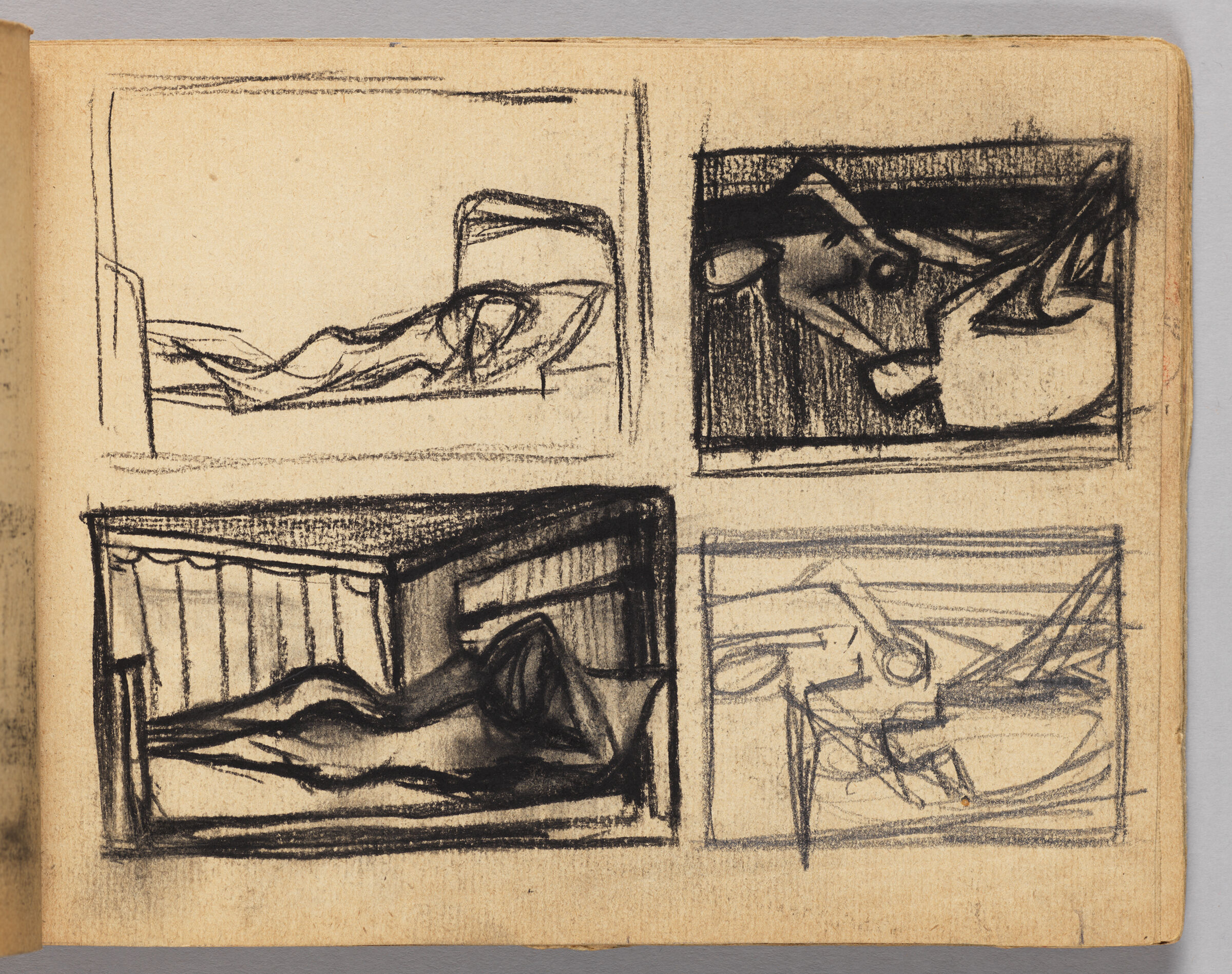 Untitled (Two Figure Studies, Calculations, And Charcoal Transfer, Left Page); Untitled (Four Figure Studies, Right Page)