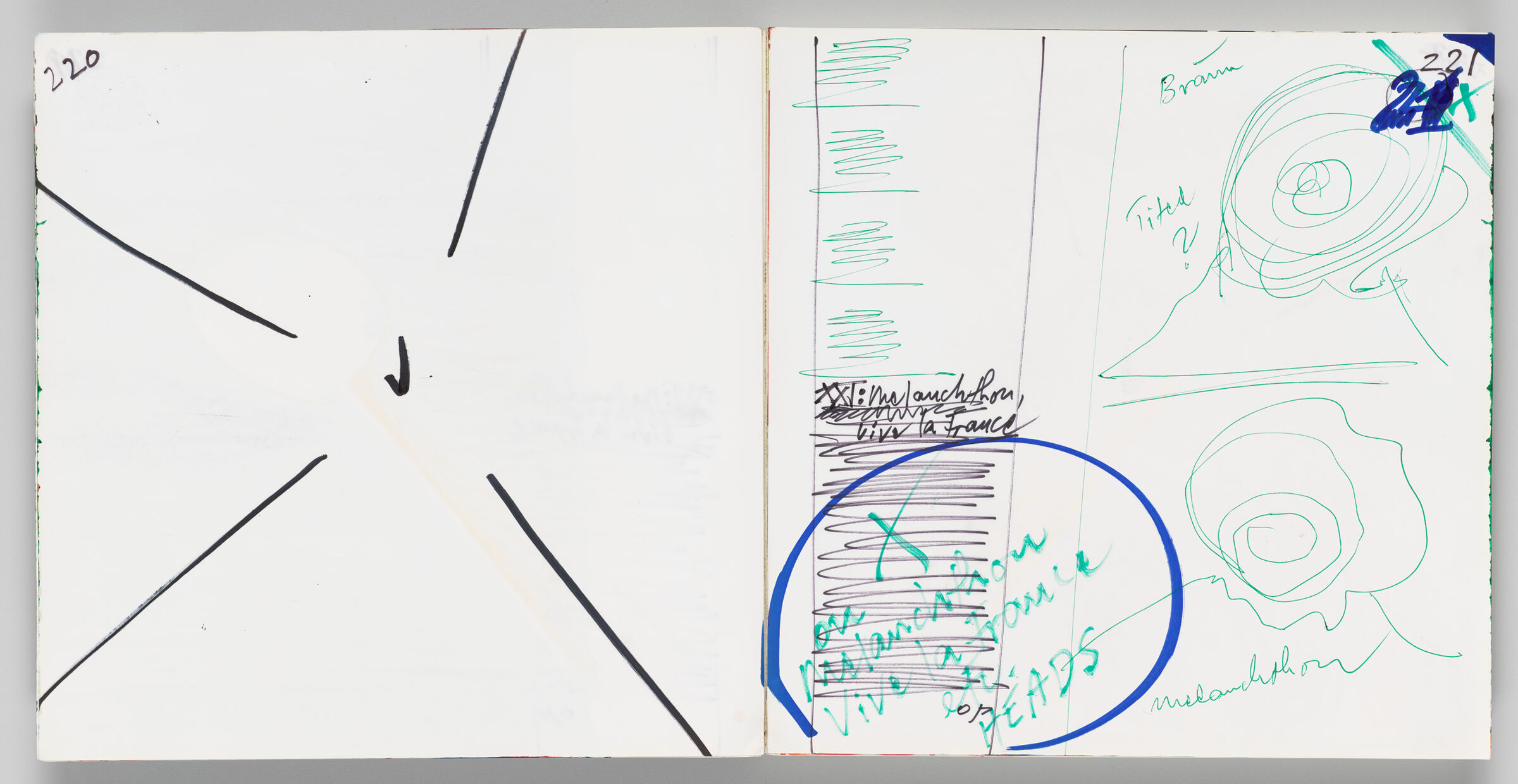 Untitled (Lines And Checkmark, Left Page); Untitled (Page Layout Design, Right Page)
