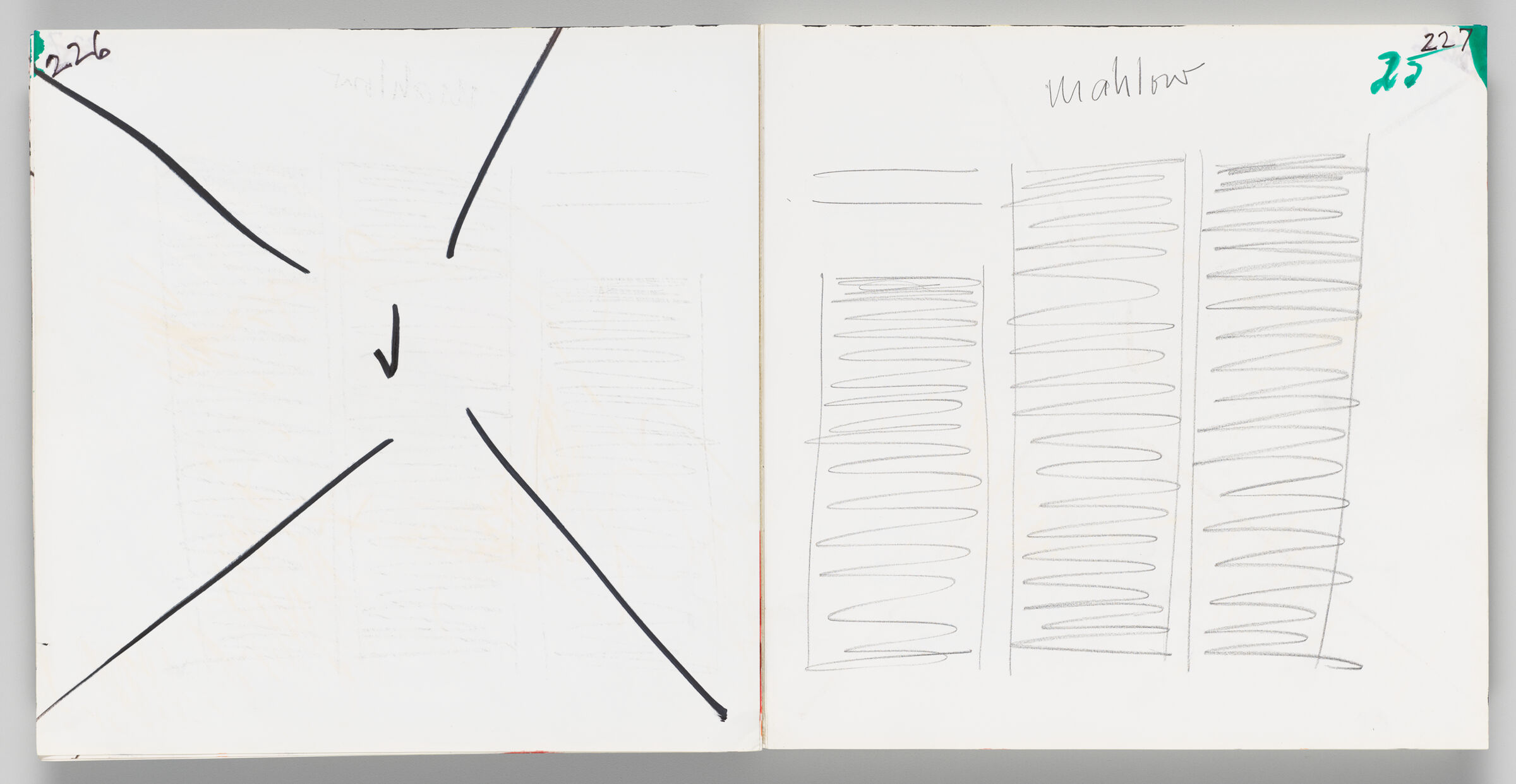 Untitled (Lines And Checkmark, Left Page); Untitled (Page Layout Design, Right Page)