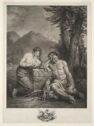 
An engraving of a semi-nude man and woman leaning against a stone structure.