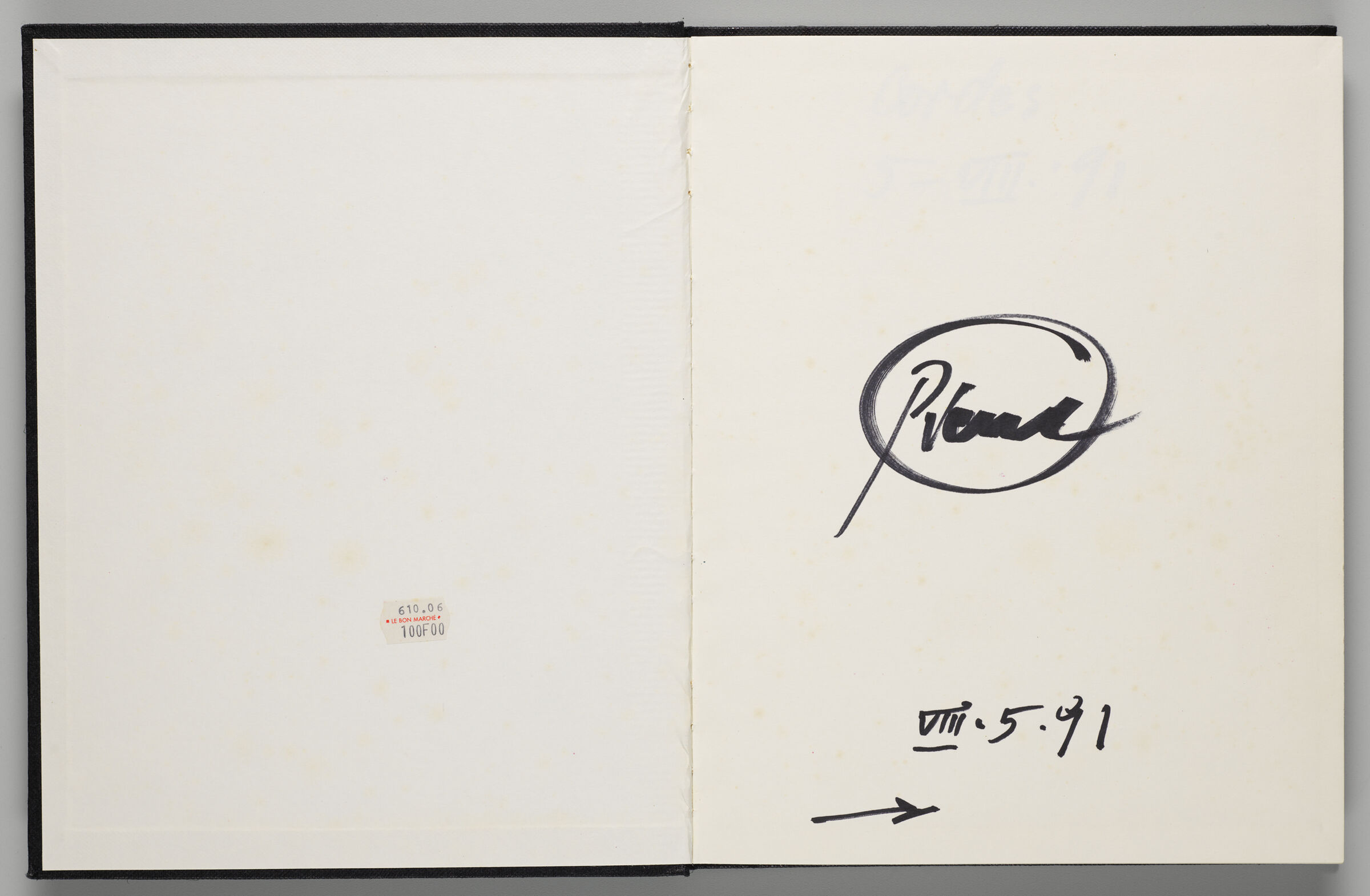 Untitled (Front Endpaper With Price Sticker, Left Page); Untitled (Signature, Right Page)