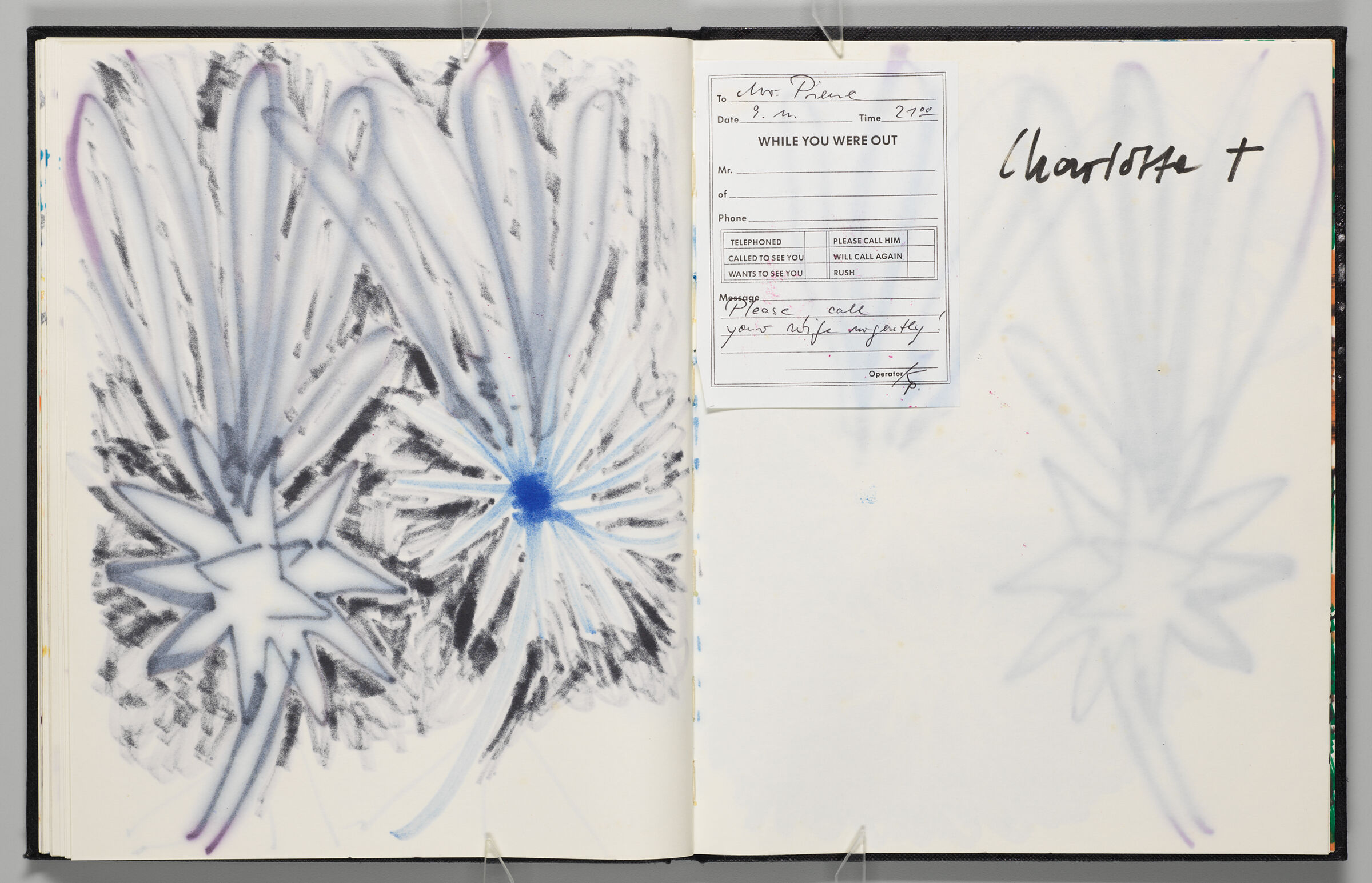 Untitled (Bleed-Through Of Previous Page And Color Transfer, Left Page); Untitled (Adhered Call Slip And Note About Charlotte [Moorman]'S Death, Right Page)
