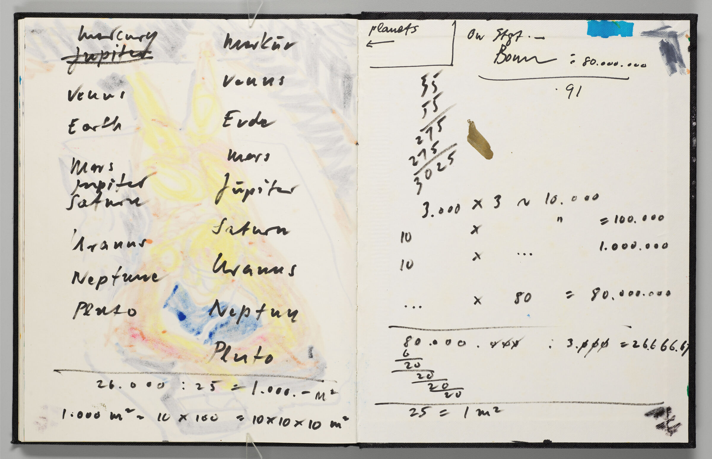 Untitled (Notes On Planets And Bleed-Through Of Previous Page, Left Page); Untitled (Calculations On Back Endpaper, Right Page)