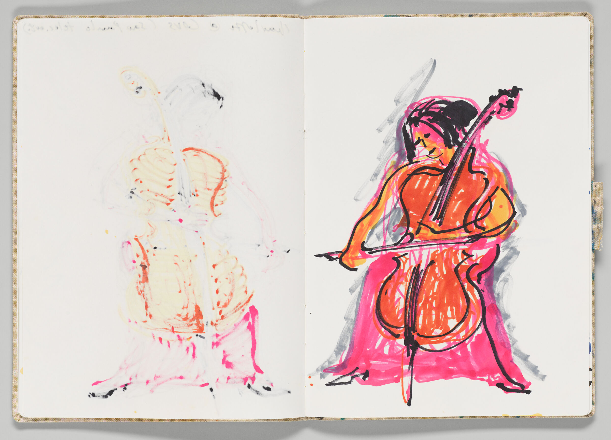 Untitled (Bleed-Through Of Previous Page, Left Page); Untitled (Charlotte Moorman Playing Cello, Right Page)