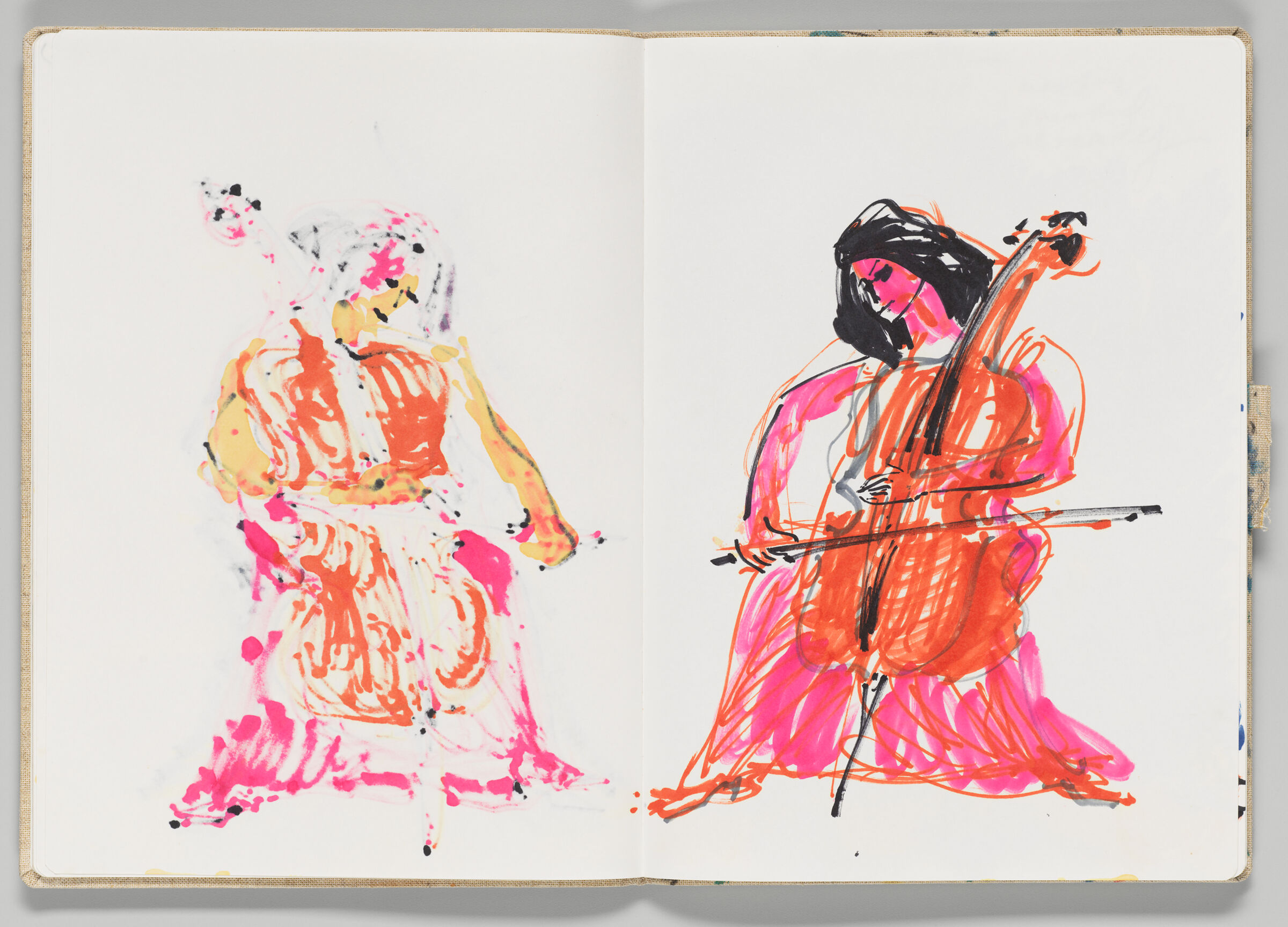 Untitled (Bleed-Through Of Previous Page, Left Page); Untitled (Charlotte Moorman Playing Cello, Right Page)