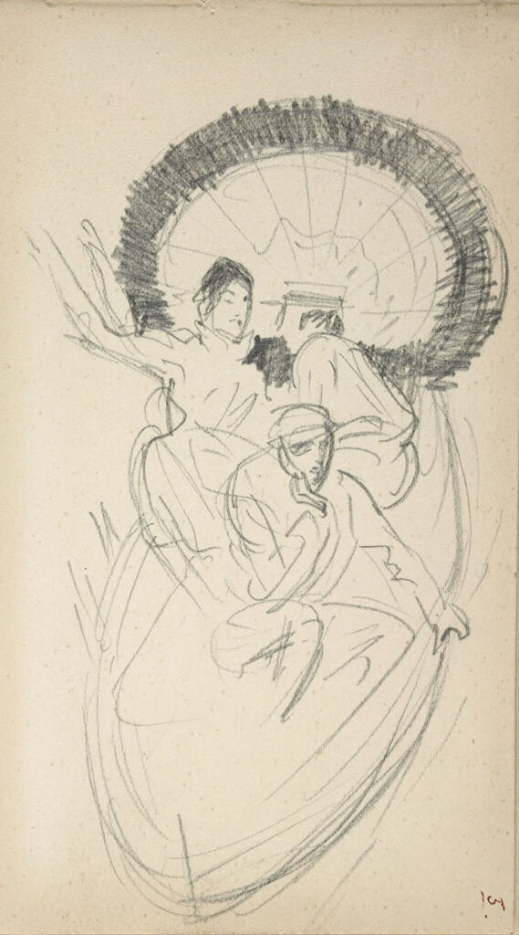 Three Figures With A Parasol In A Boat