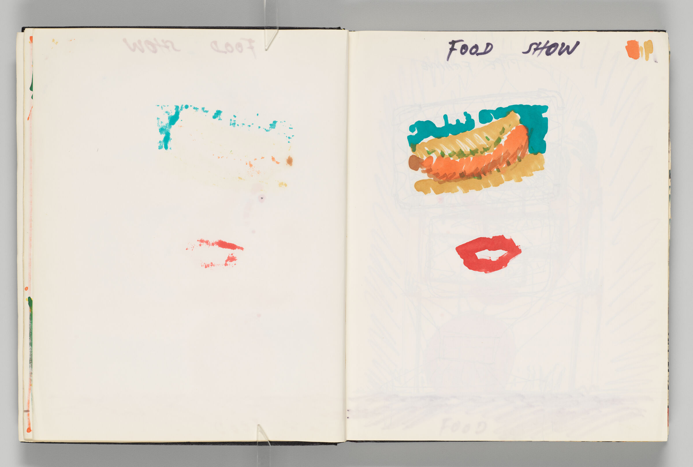 Untitled (Blank With Color Transfers, Left Page); Untitled (Text And Bleed-Through Of Following Page, Right Page)