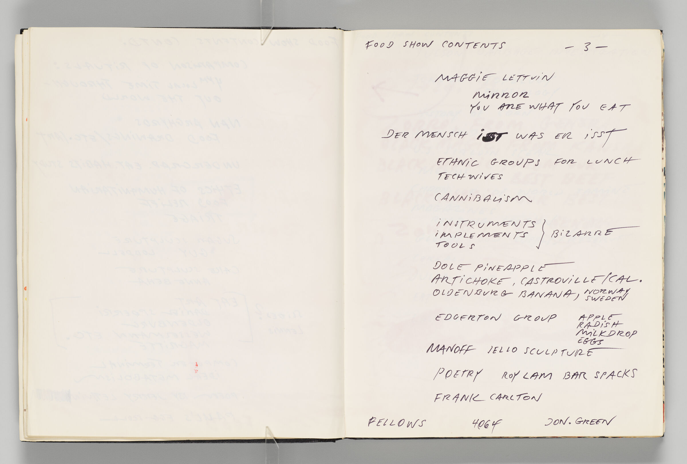 Untitled (Blank With Faint Color Transfer, Left Page); Untitled (Notes, Right Page)