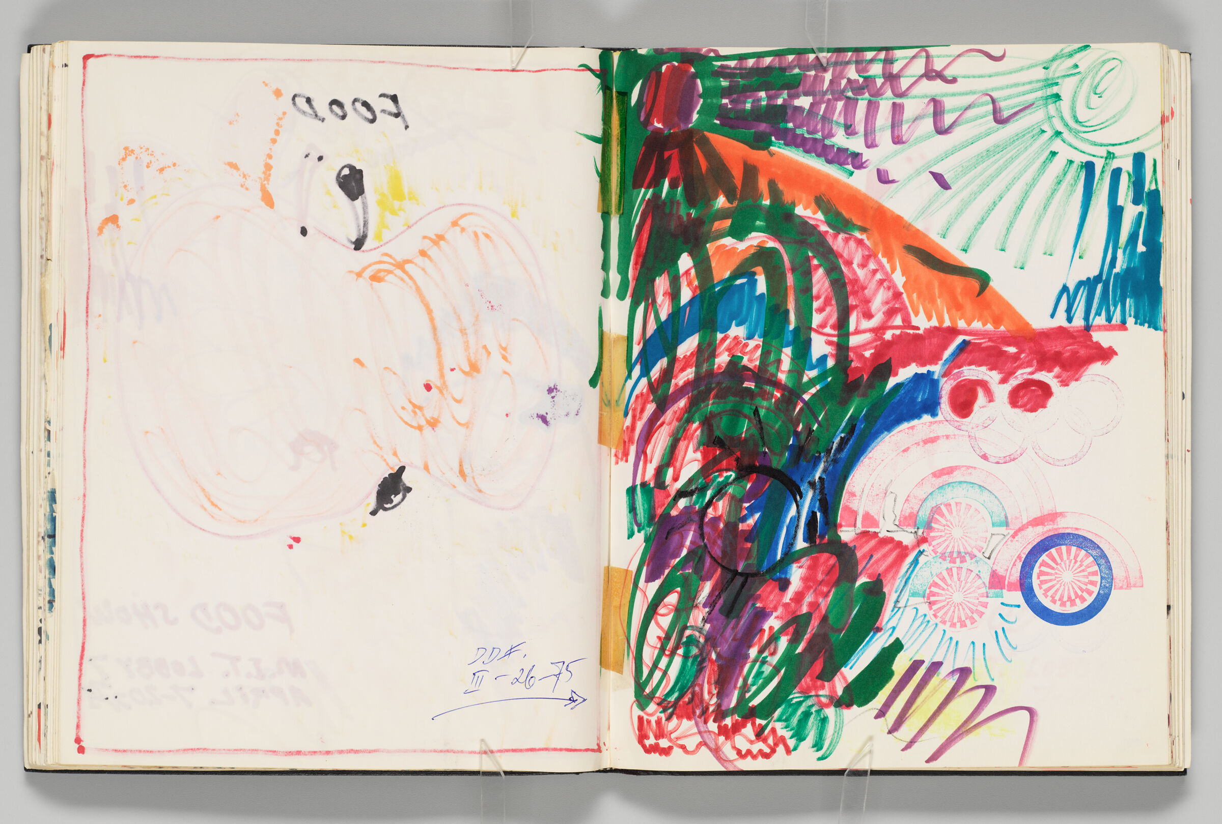 Untitled (Note And Bleed-Through Of Previous Page, Left Page); Untitled (Adhered Sketches Of Suns And Rainbows, Right Page)