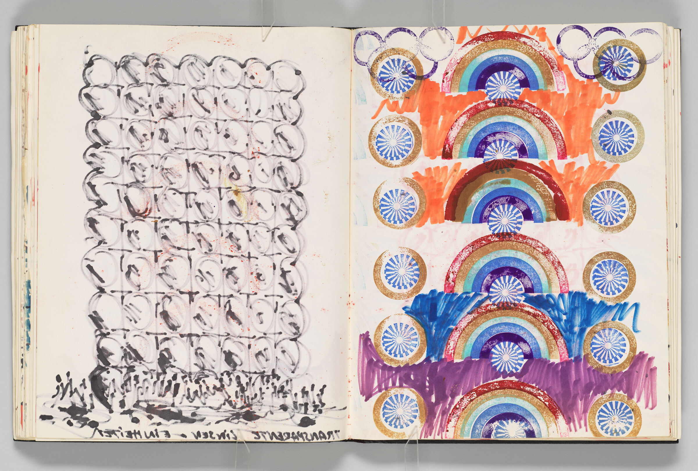 Untitled (Bleed-Through Of Previous Page, Left Page); Untitled (Rainbow And Circular Stamp Impressions, Right Page)