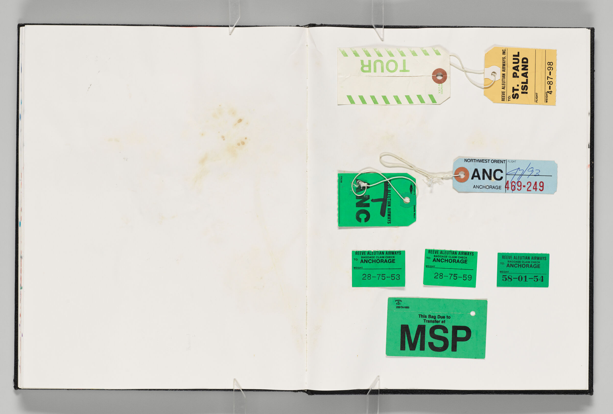 Untitled (Bleed-Through Of Flower Stains, Left Page); Untitled (Adhered Luggage Tags, Right Page)