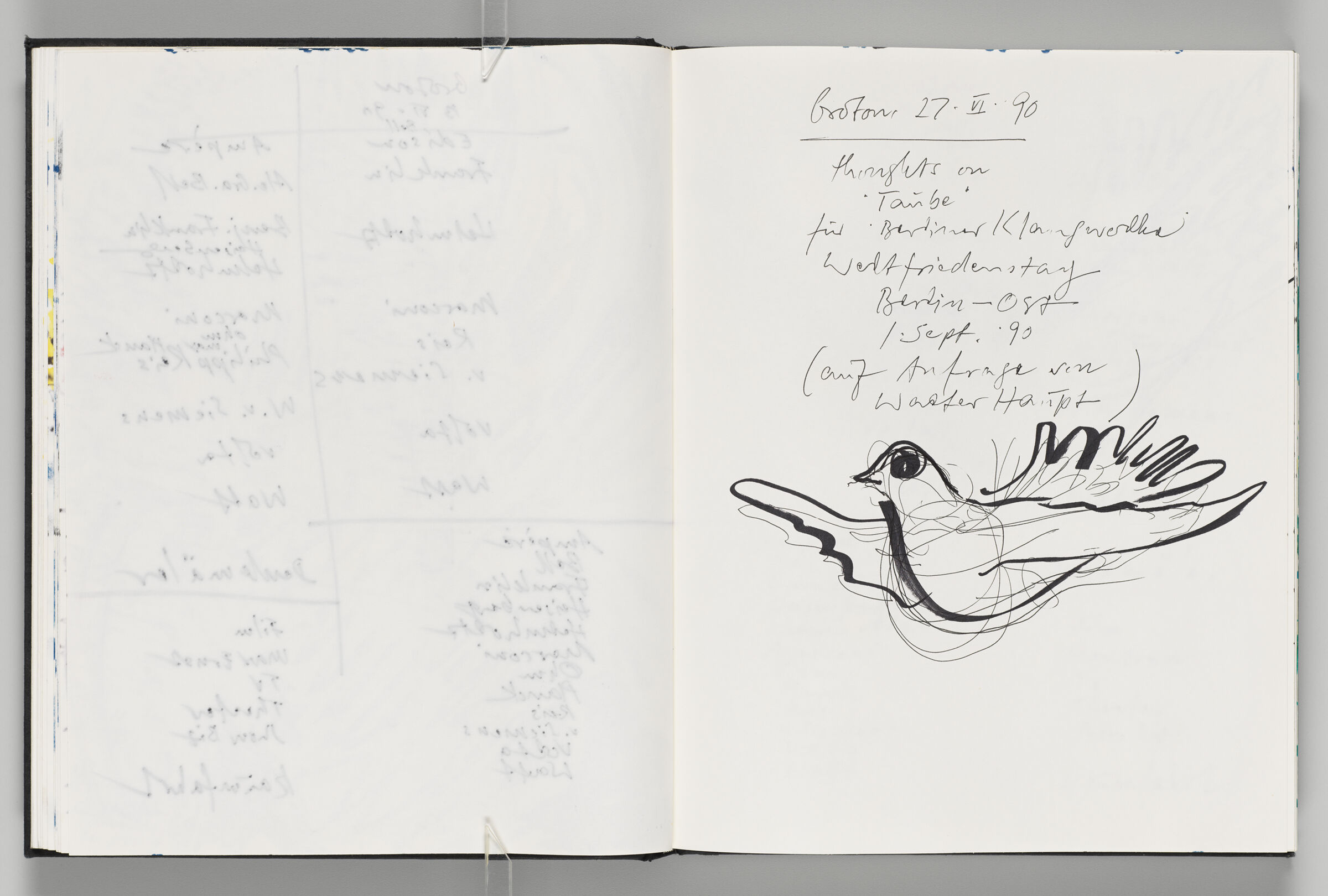 Untitled (Bleed-Through Of Previous Page, Left Page); Untitled (Notes With Dove Sketch, Right Page)