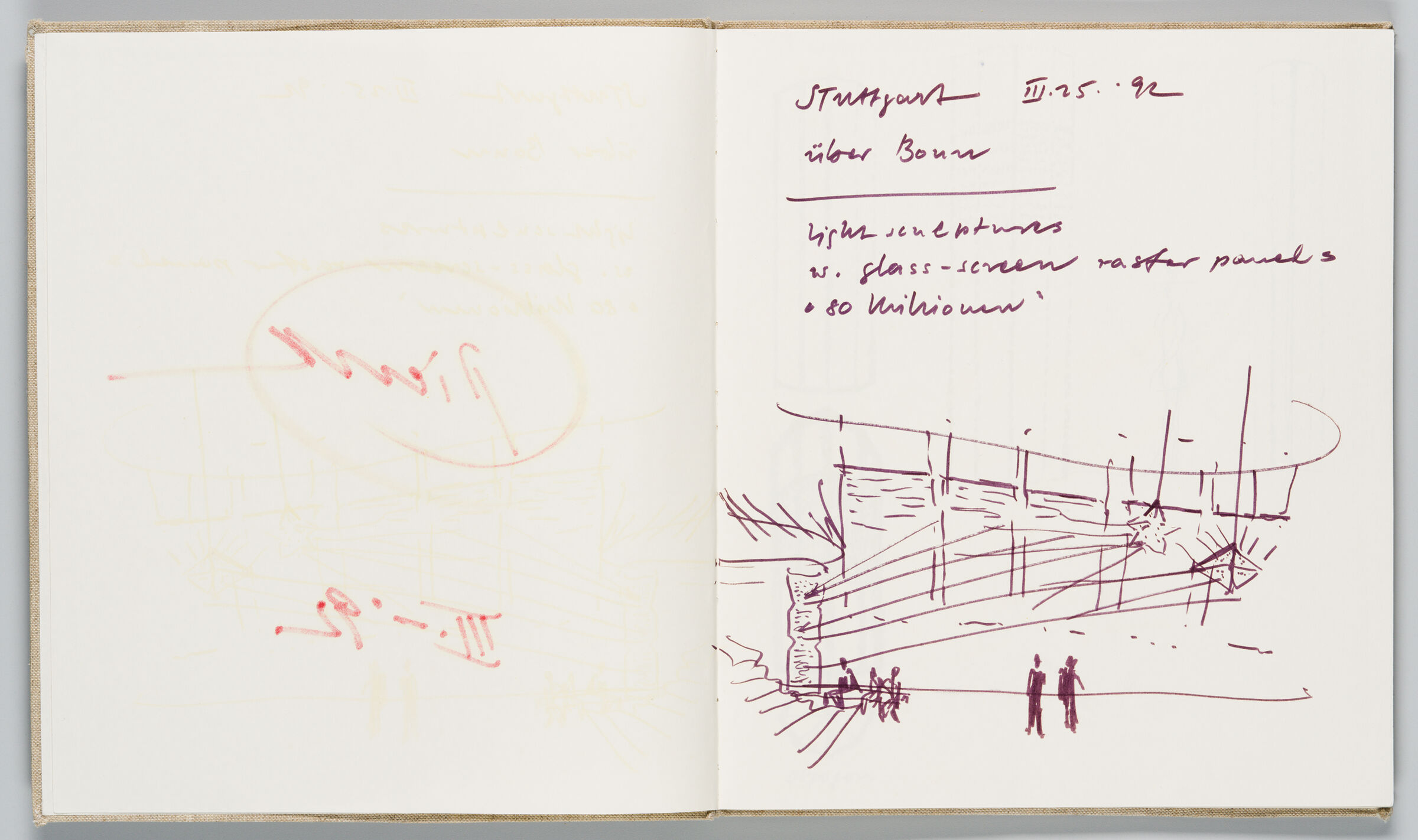 Untitled (Bleed-Through Of Previous Page With Color Transfer, Left Page); Untitled (Design For Installation Of Light Sculptures, Right Page)