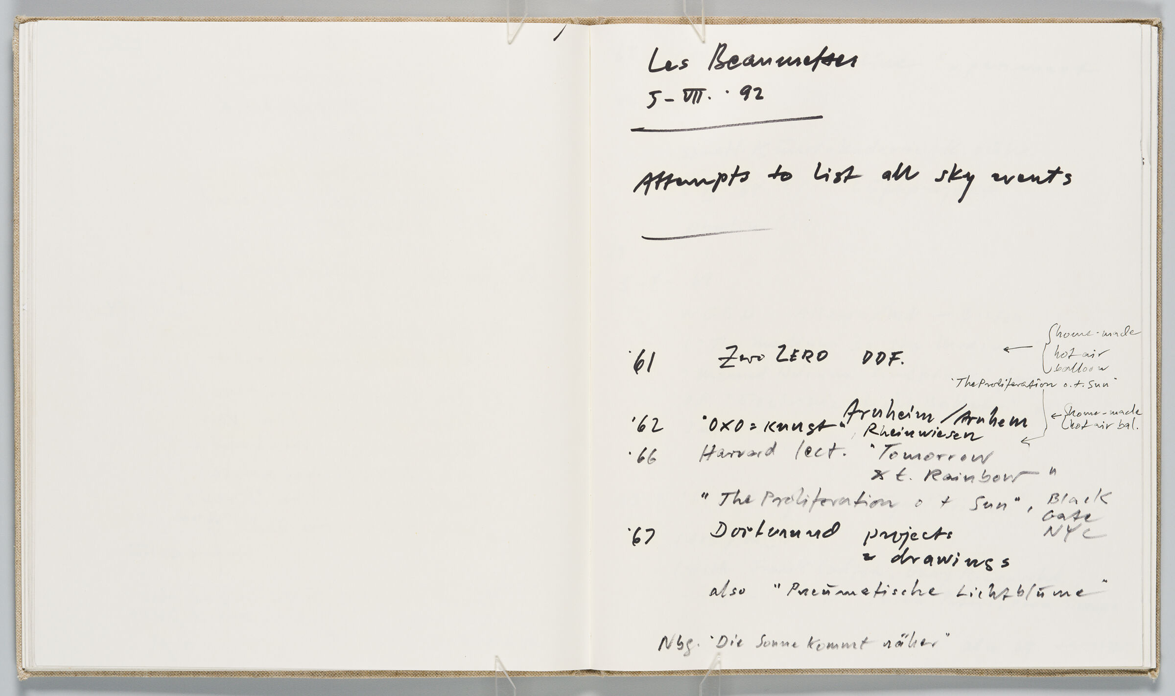 Untitled (Blank With Stray Mark, Left Page); Untitled (Notes On Sky Events, Right Page)