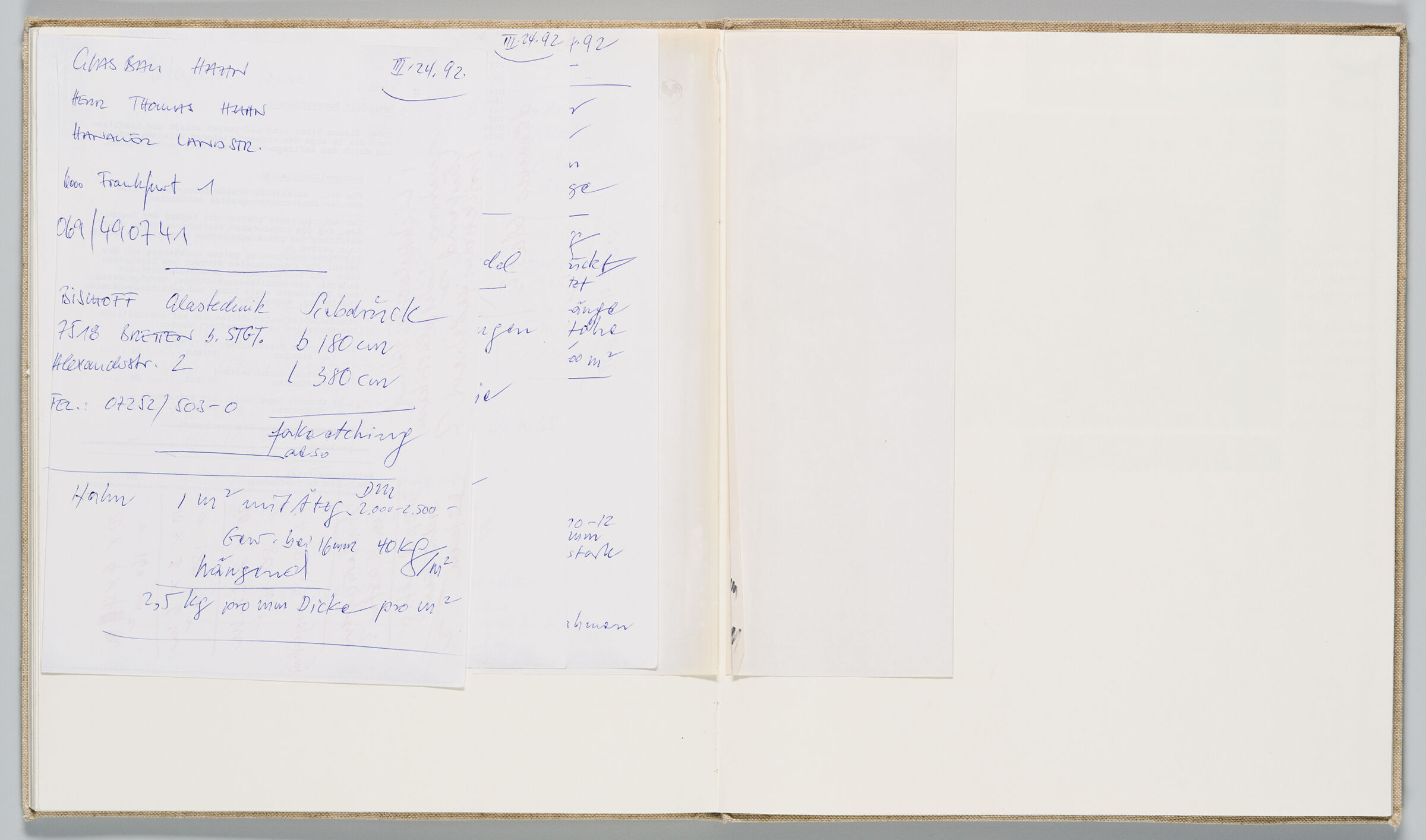 Untitled (Adhered Notes On Bonn Project, Left Page); Untitled (Adhered Photocopy Or Fax That Has Faded, Right Page)