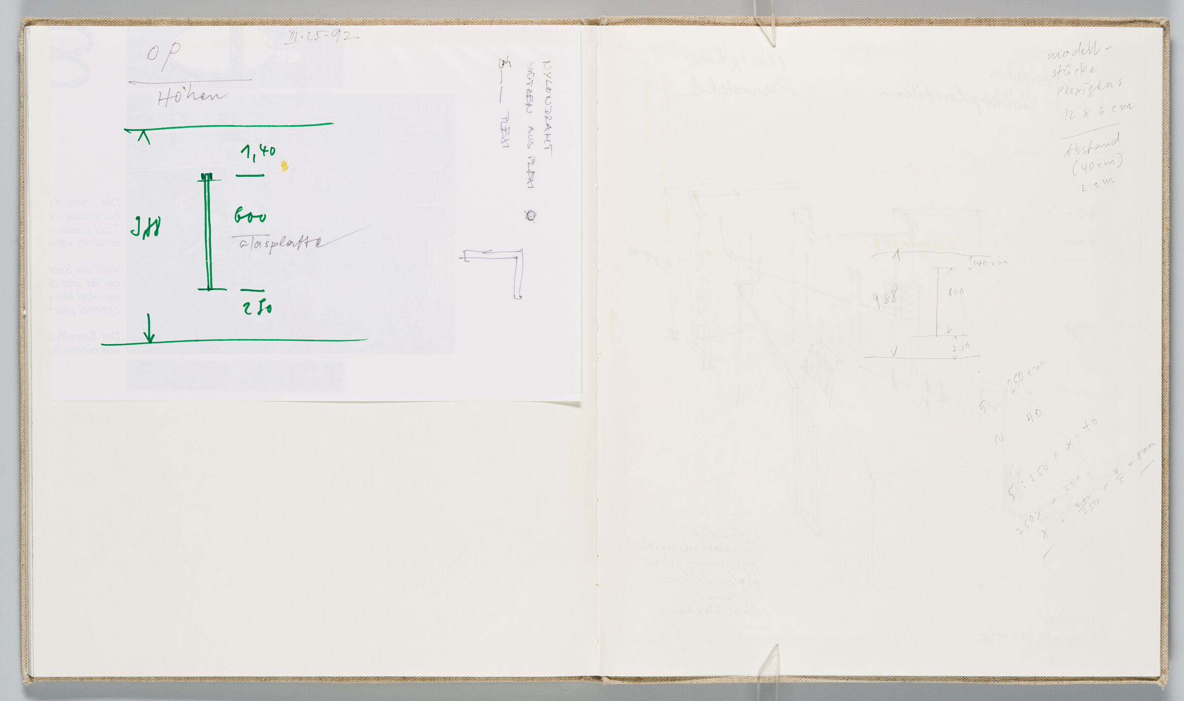 Untitled (Adhered Note With Measurements, Left Page); Untitled (Measurements And Calculations, Right Page)