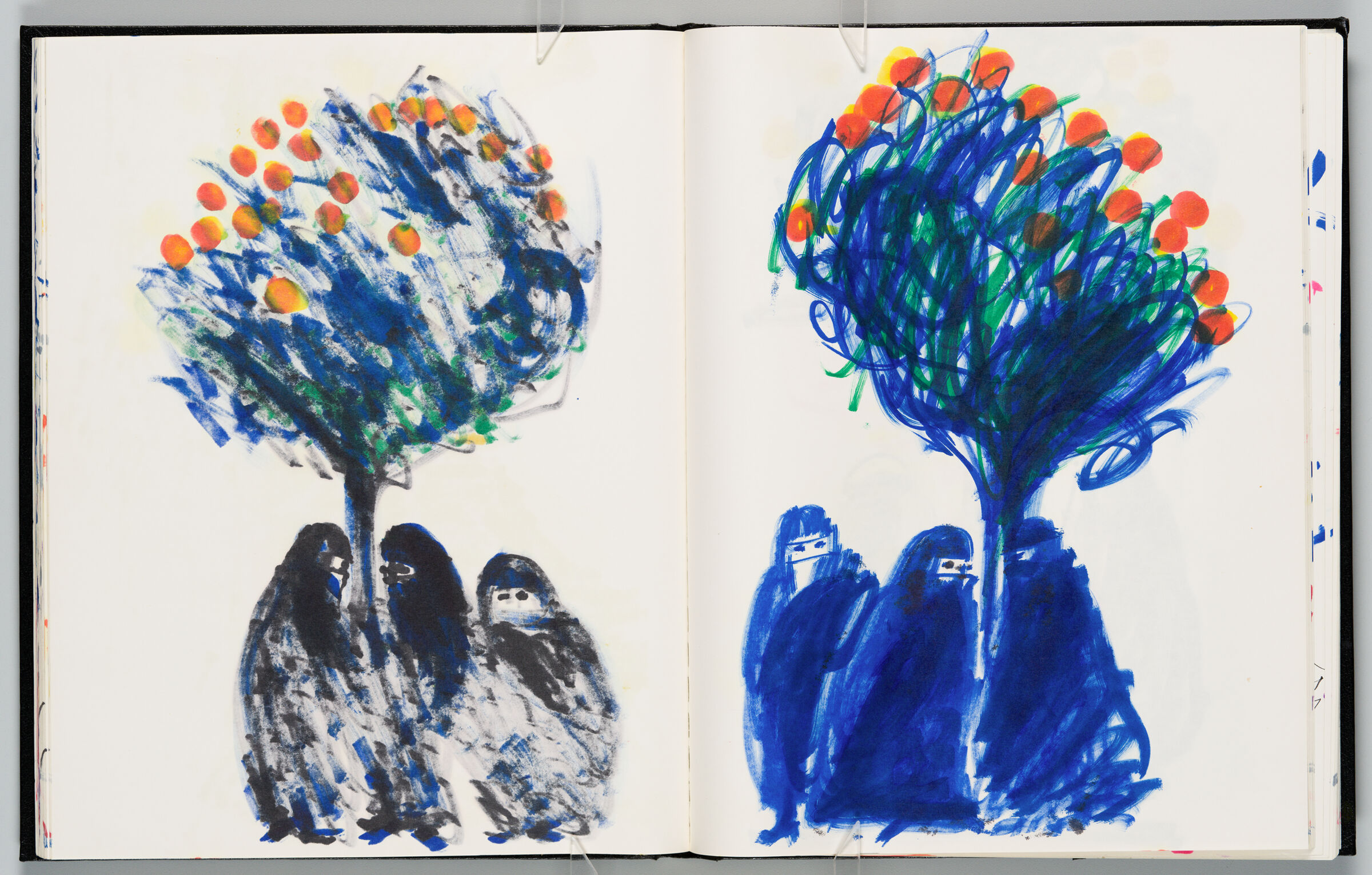 Untitled (Bleed-Through Of Previous Page, Left Page); Untitled (Three Veiled Figures Under Fruit Tree, Right Page)